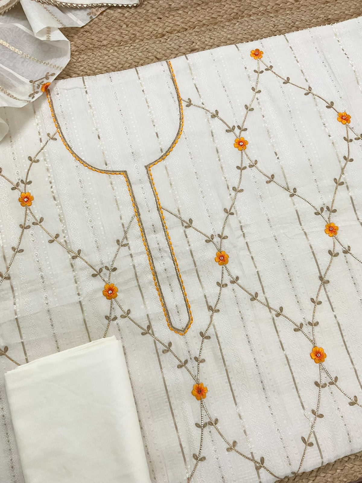 Pure Cotton Silk Self Weaved Embroidered Suit - Off White