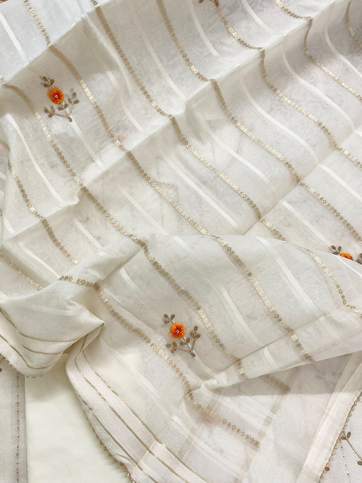 Pure Cotton Silk Self Weaved Embroidered Suit - Off White