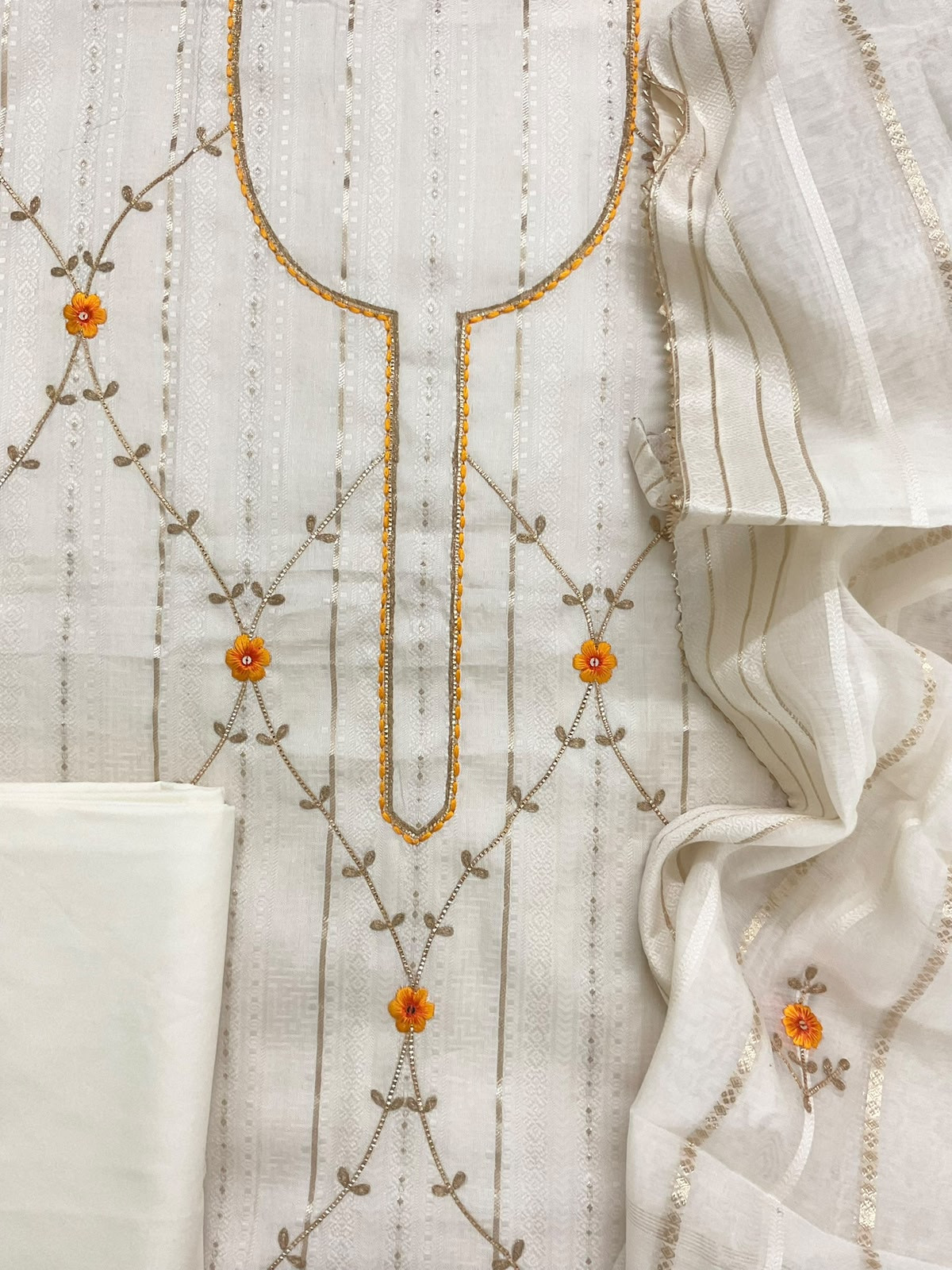 Pure Cotton Silk Self Weaved Embroidered Suit - Off White