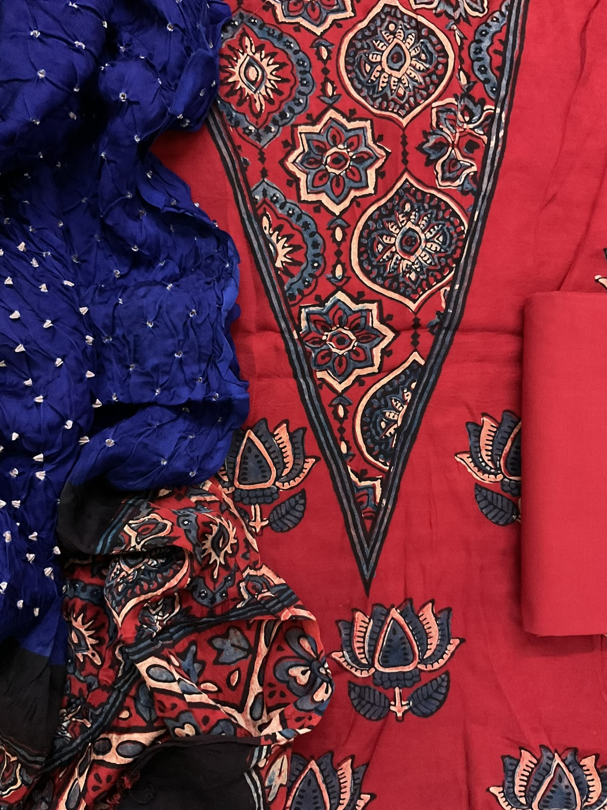 Pure Fine Modal Silk Bandhani Ajrakh Printed Suit - Brick Red
