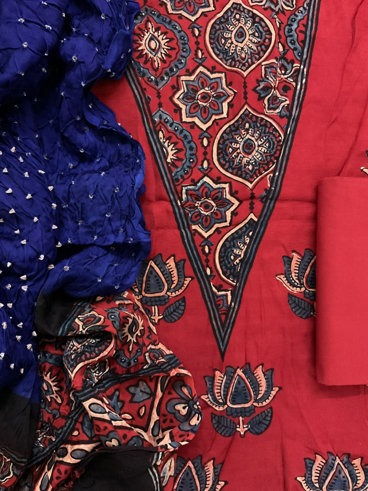 Image of Pure Fine Modal Silk Bandhani Ajrakh Printed Suit - Brick Red