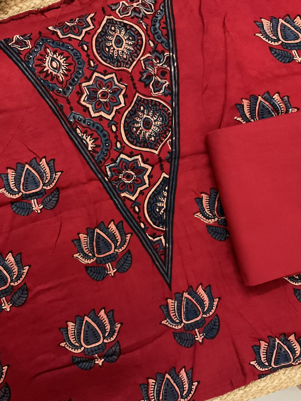 Pure Fine Modal Silk Bandhani Ajrakh Printed Suit - Brick Red