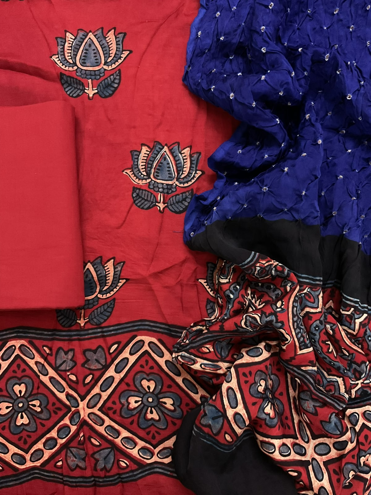 Pure Fine Modal Silk Bandhani Ajrakh Printed Suit - Brick Red