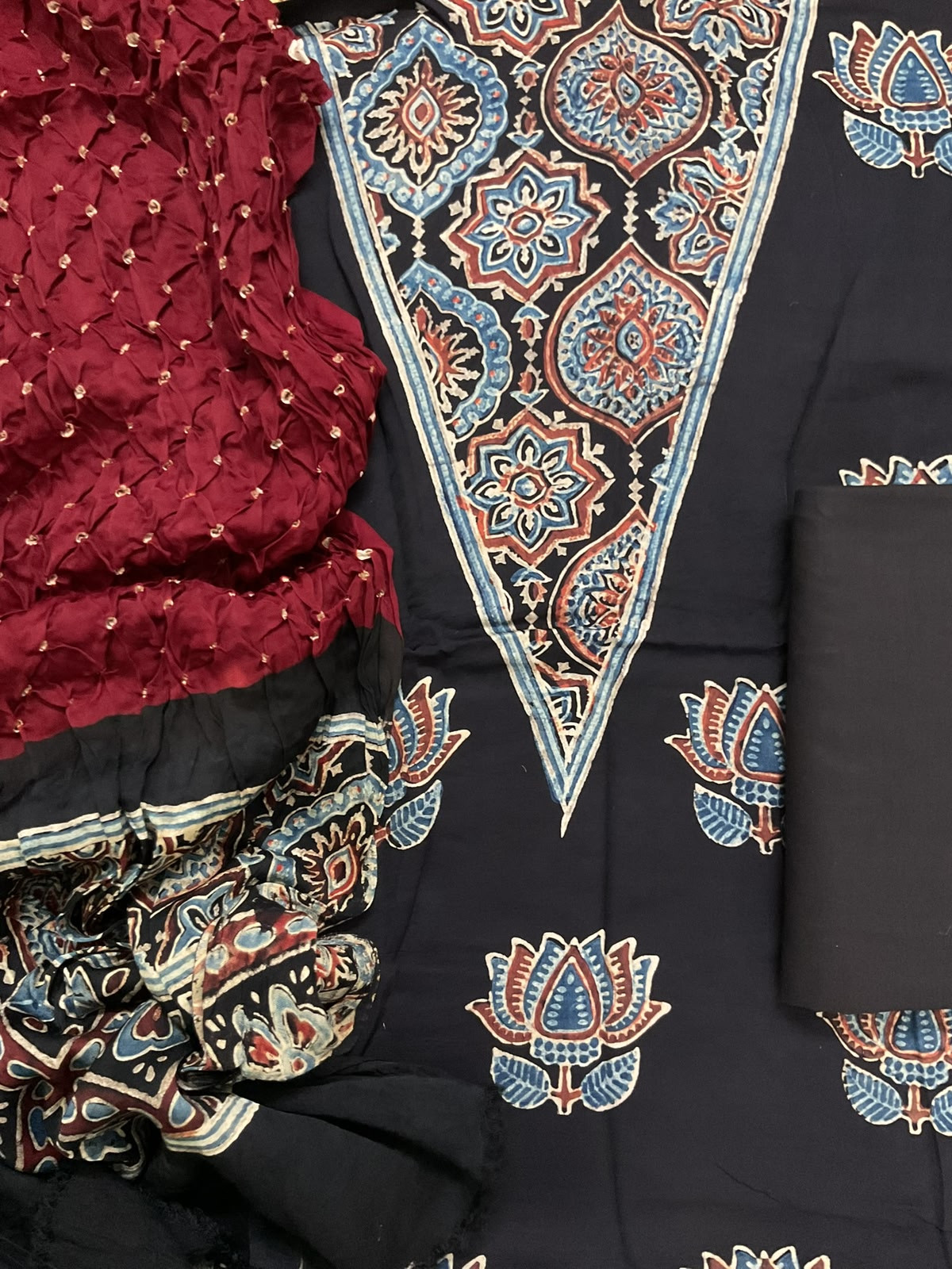 Pure Fine Modal Silk Bandhani Ajrakh Printed Suit - Black