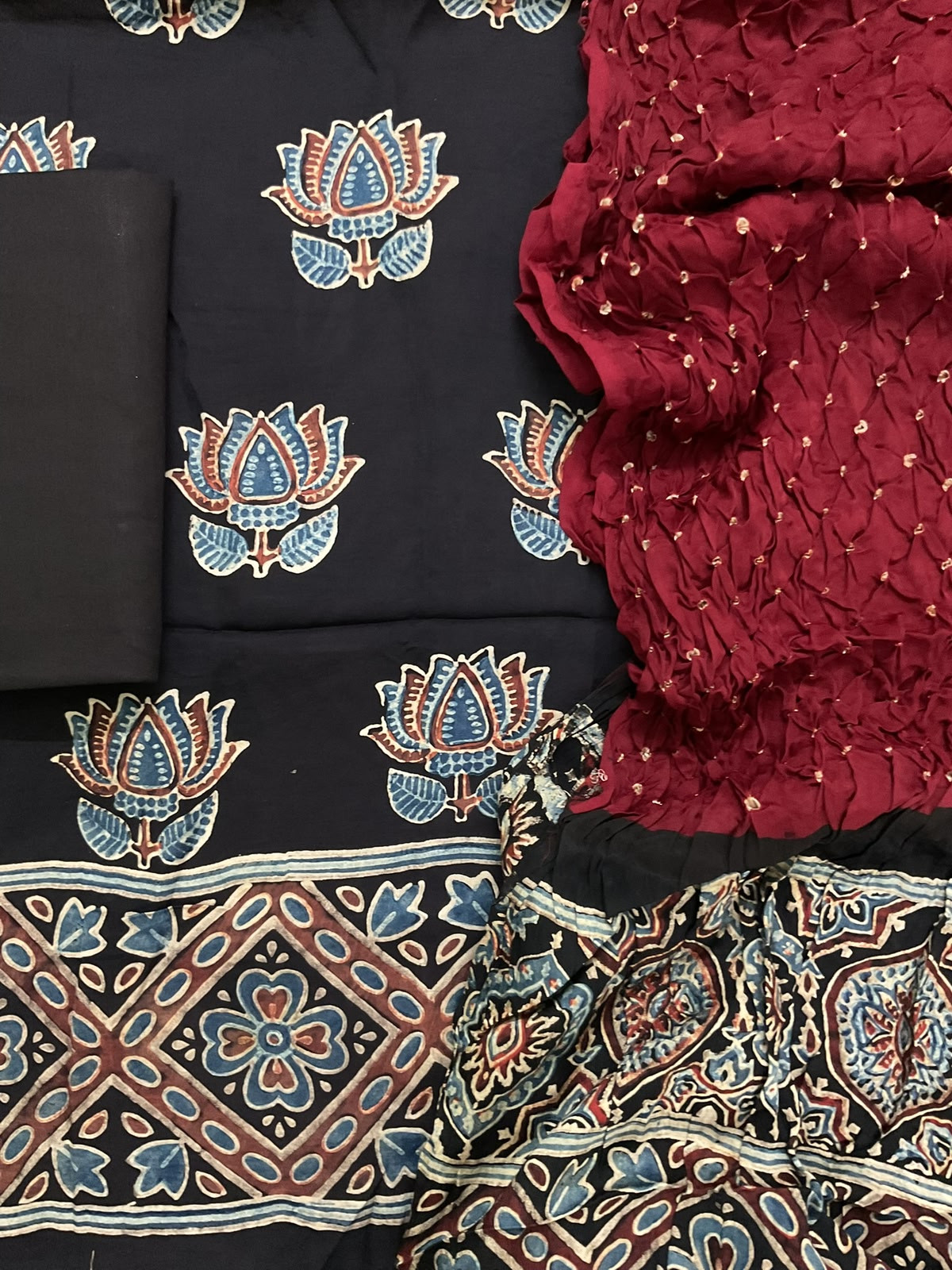 Pure Fine Modal Silk Bandhani Ajrakh Printed Suit - Black