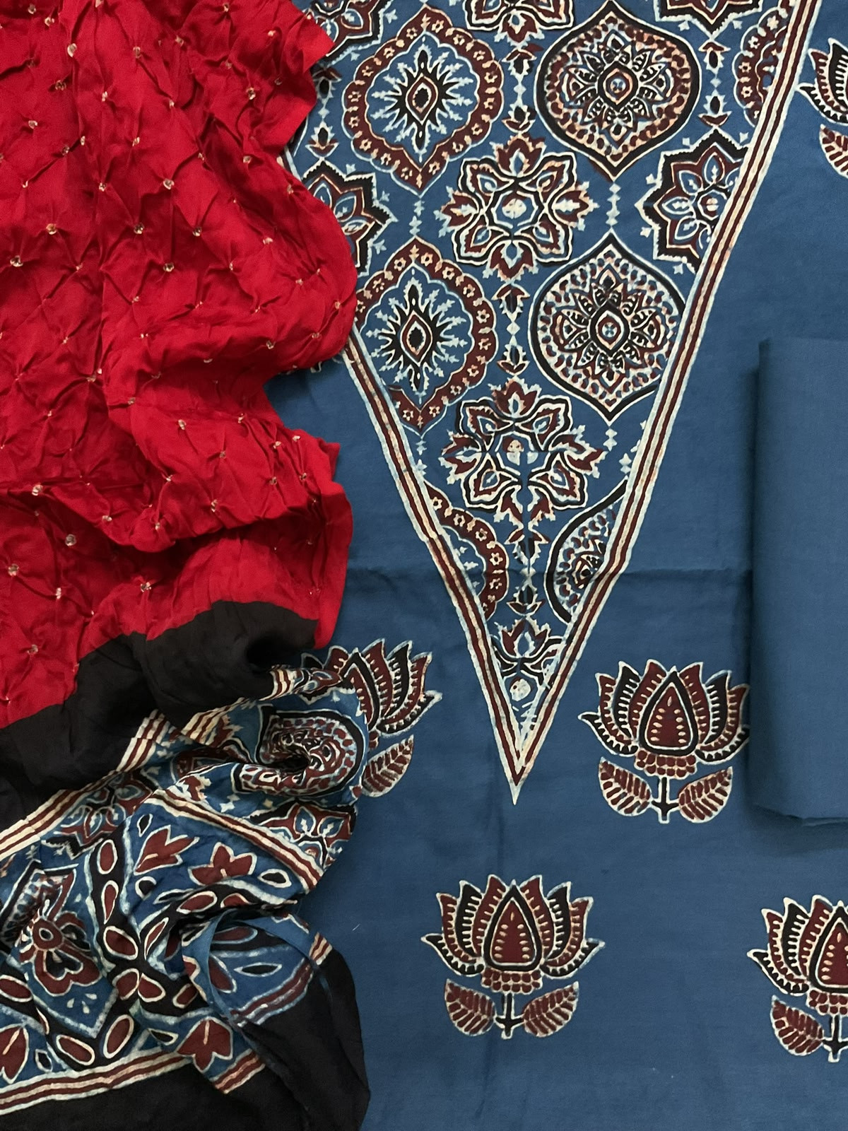 Pure Fine Modal Silk Bandhani Ajrakh Printed Suit - Indigo