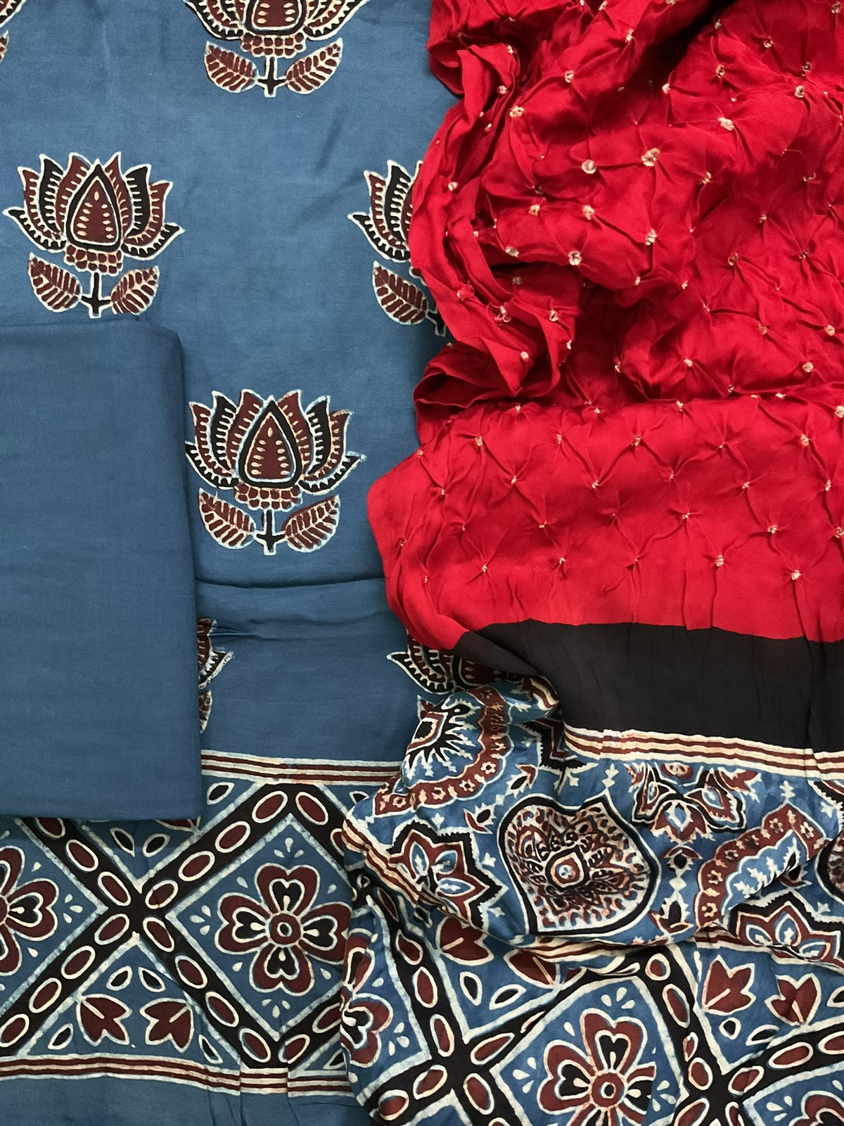 Pure Fine Modal Silk Bandhani Ajrakh Printed Suit - Indigo
