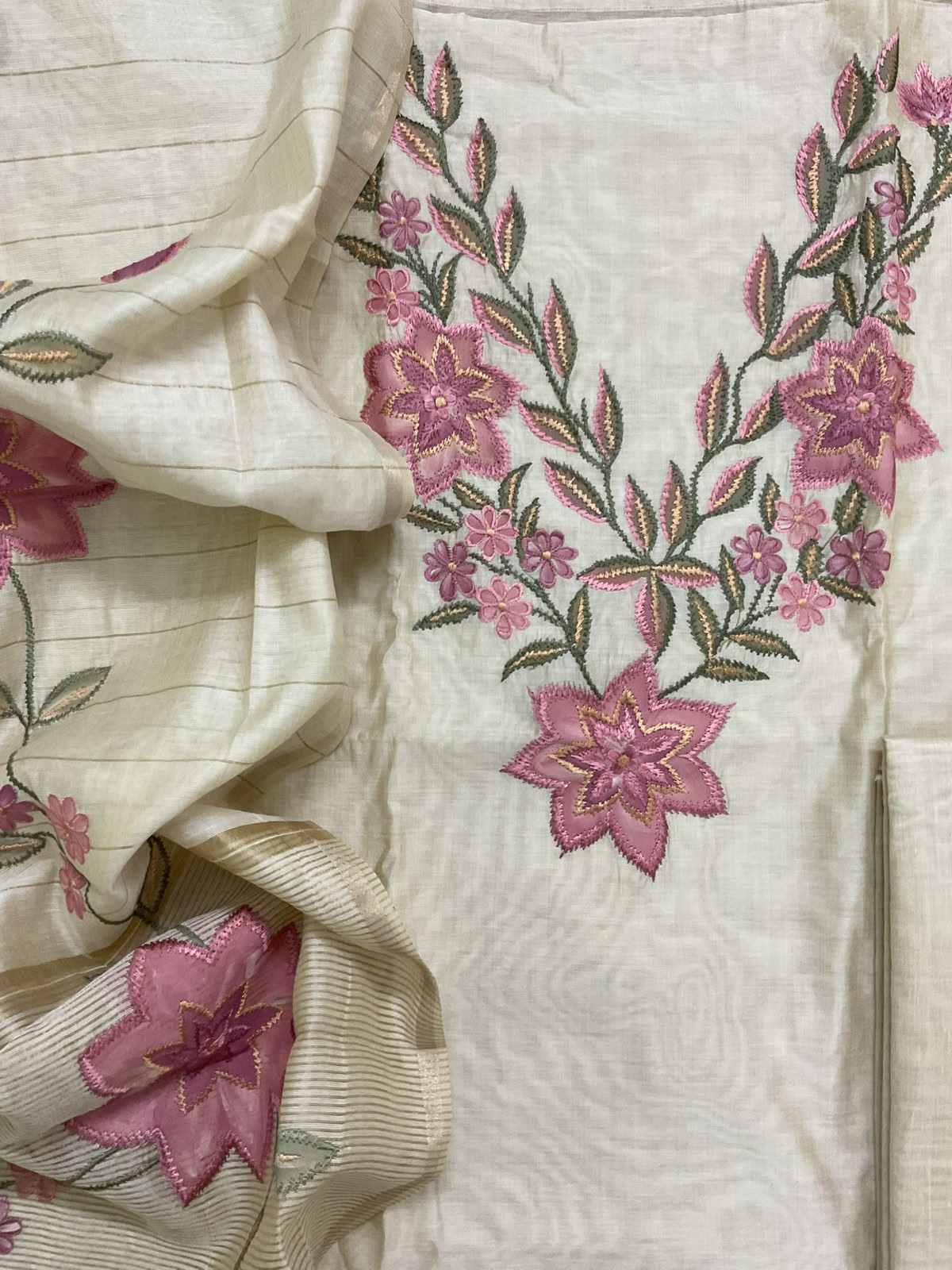 Pure Kora Chanderi Brush Painted Embroidered Suit - Beige