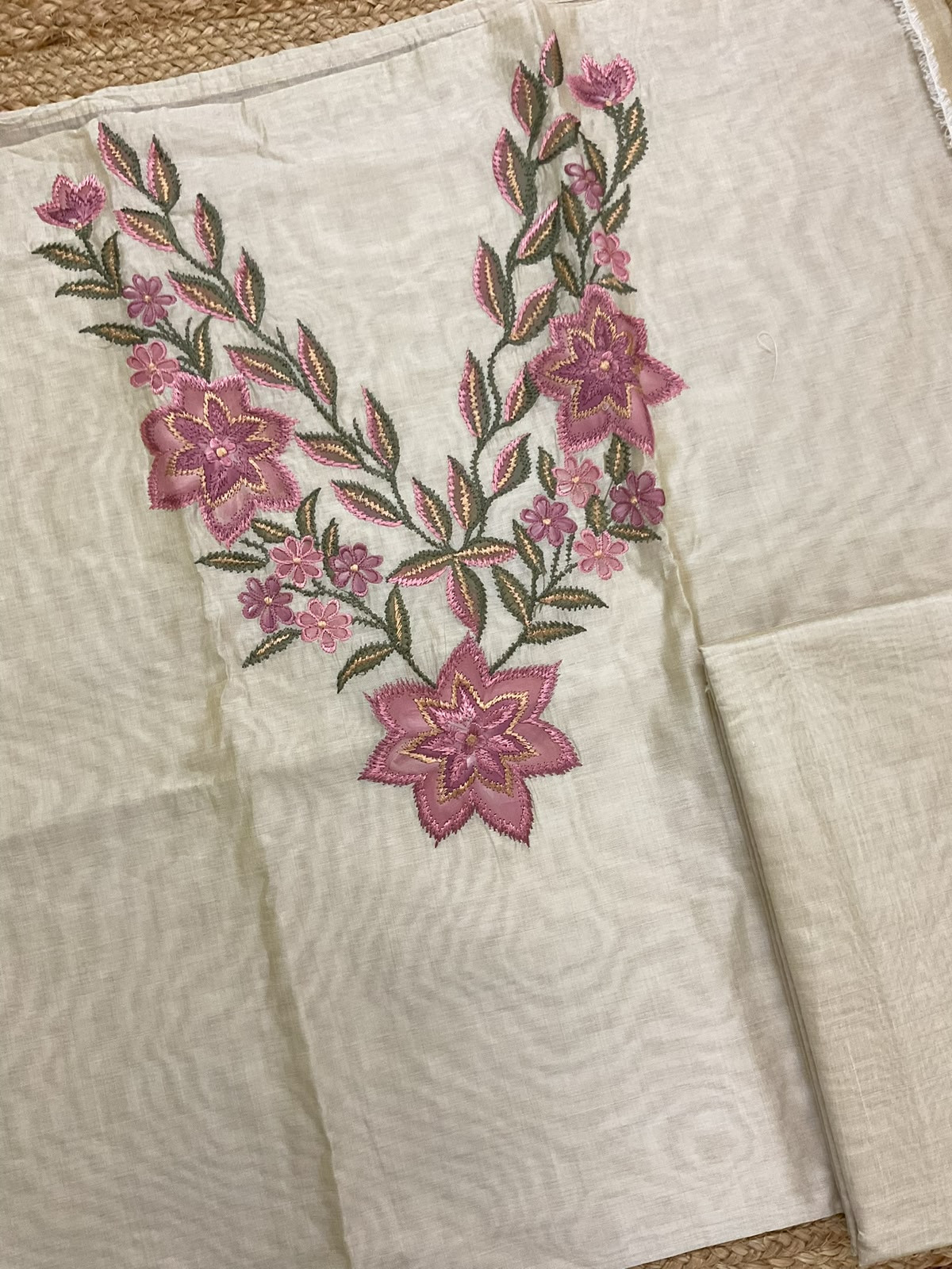 Pure Kora Chanderi Brush Painted Embroidered Suit - Beige