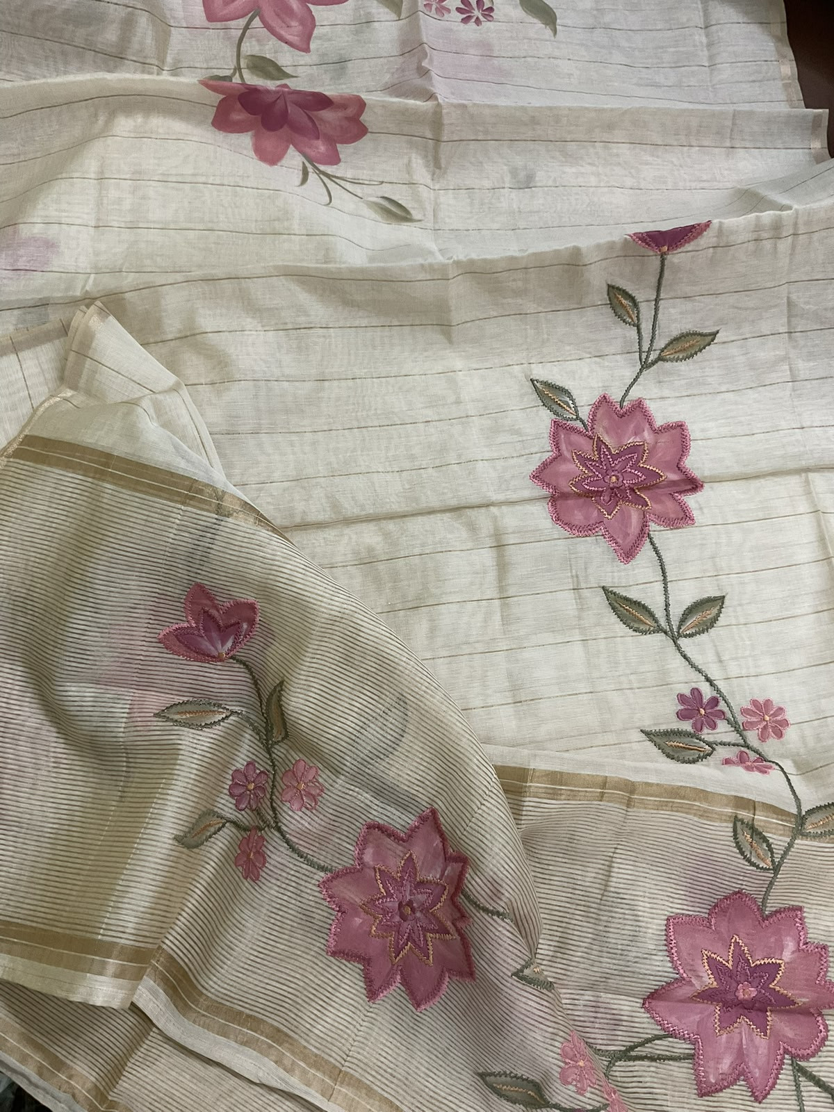Pure Kora Chanderi Brush Painted Embroidered Suit - Beige