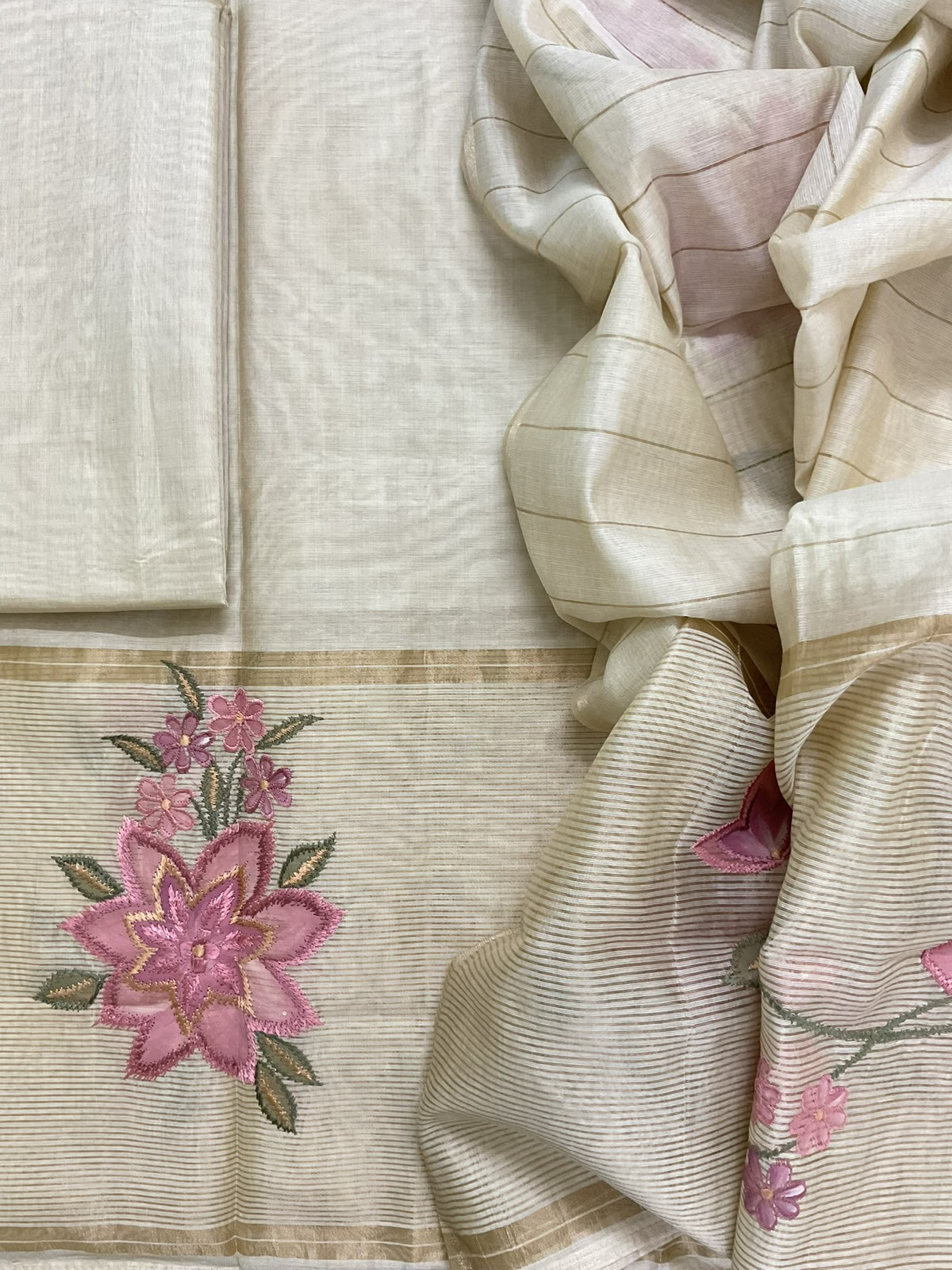Pure Kora Chanderi Brush Painted Embroidered Suit - Beige