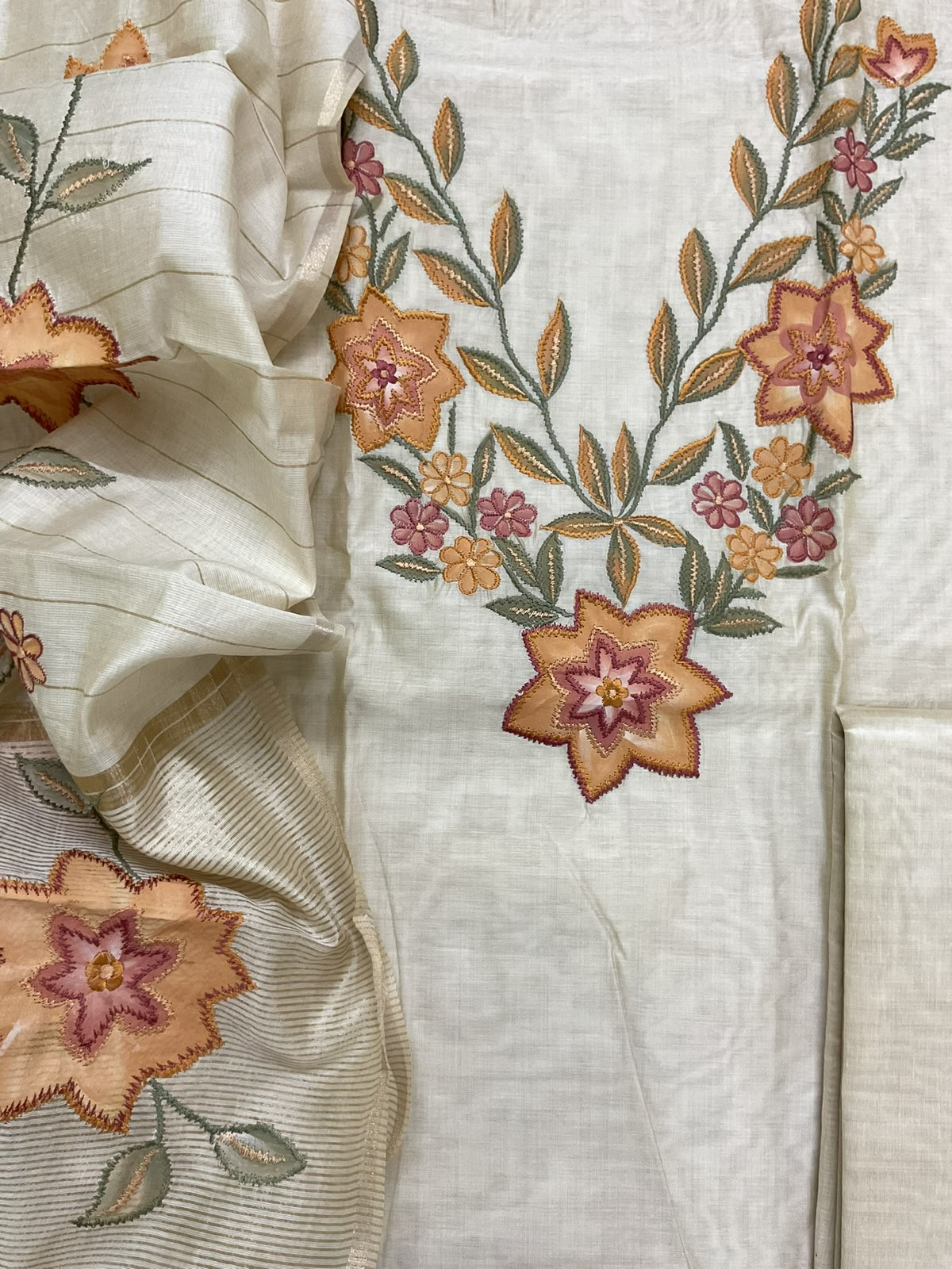 Pure Kora Chanderi Brush Painted Embroidered Suit - Beige