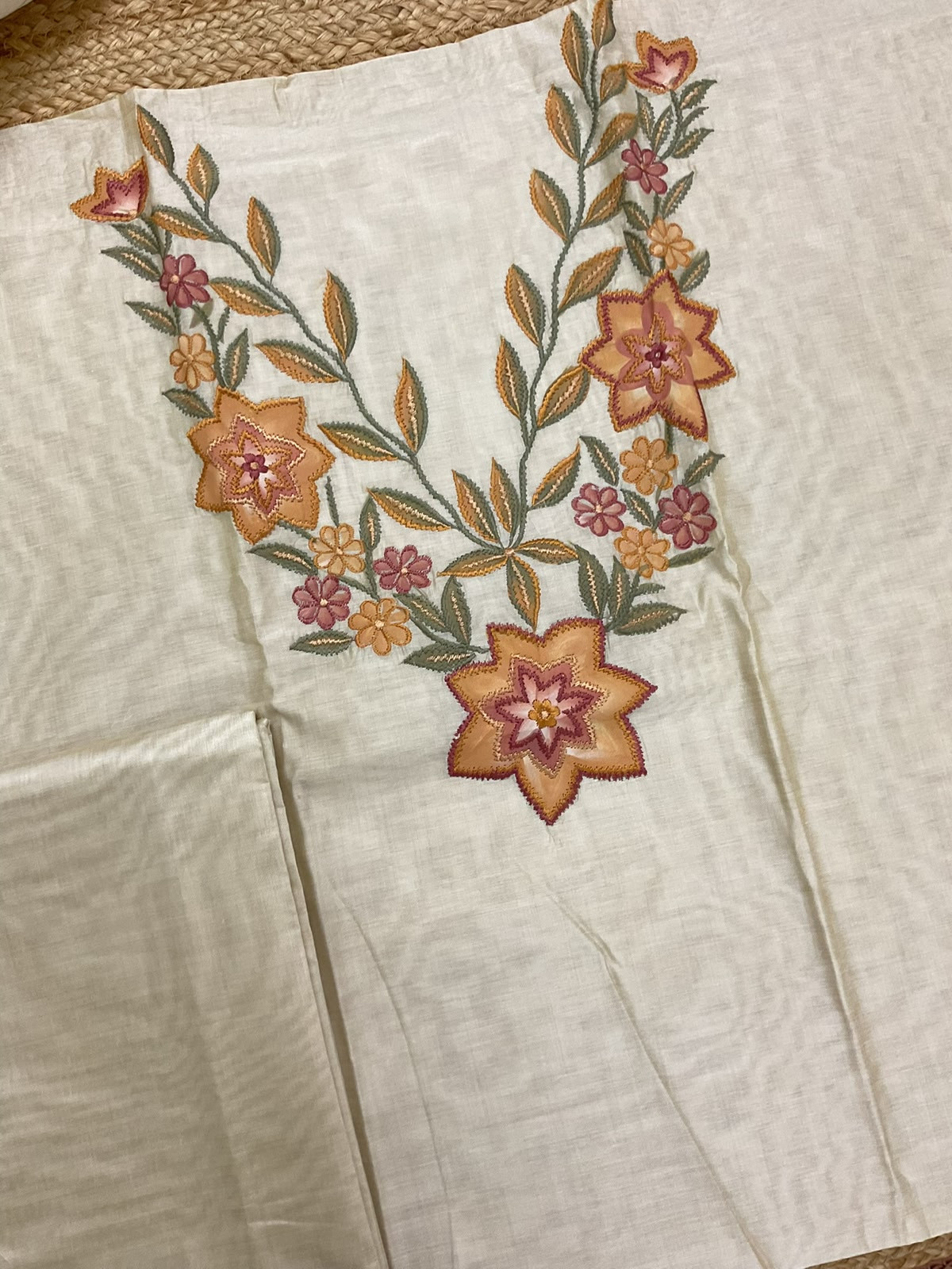 Pure Kora Chanderi Brush Painted Embroidered Suit - Beige