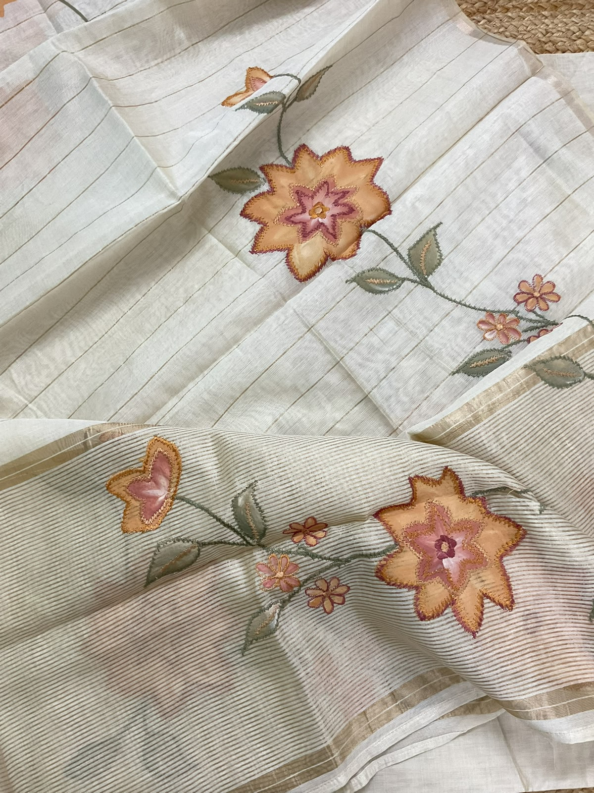 Pure Kora Chanderi Brush Painted Embroidered Suit - Beige