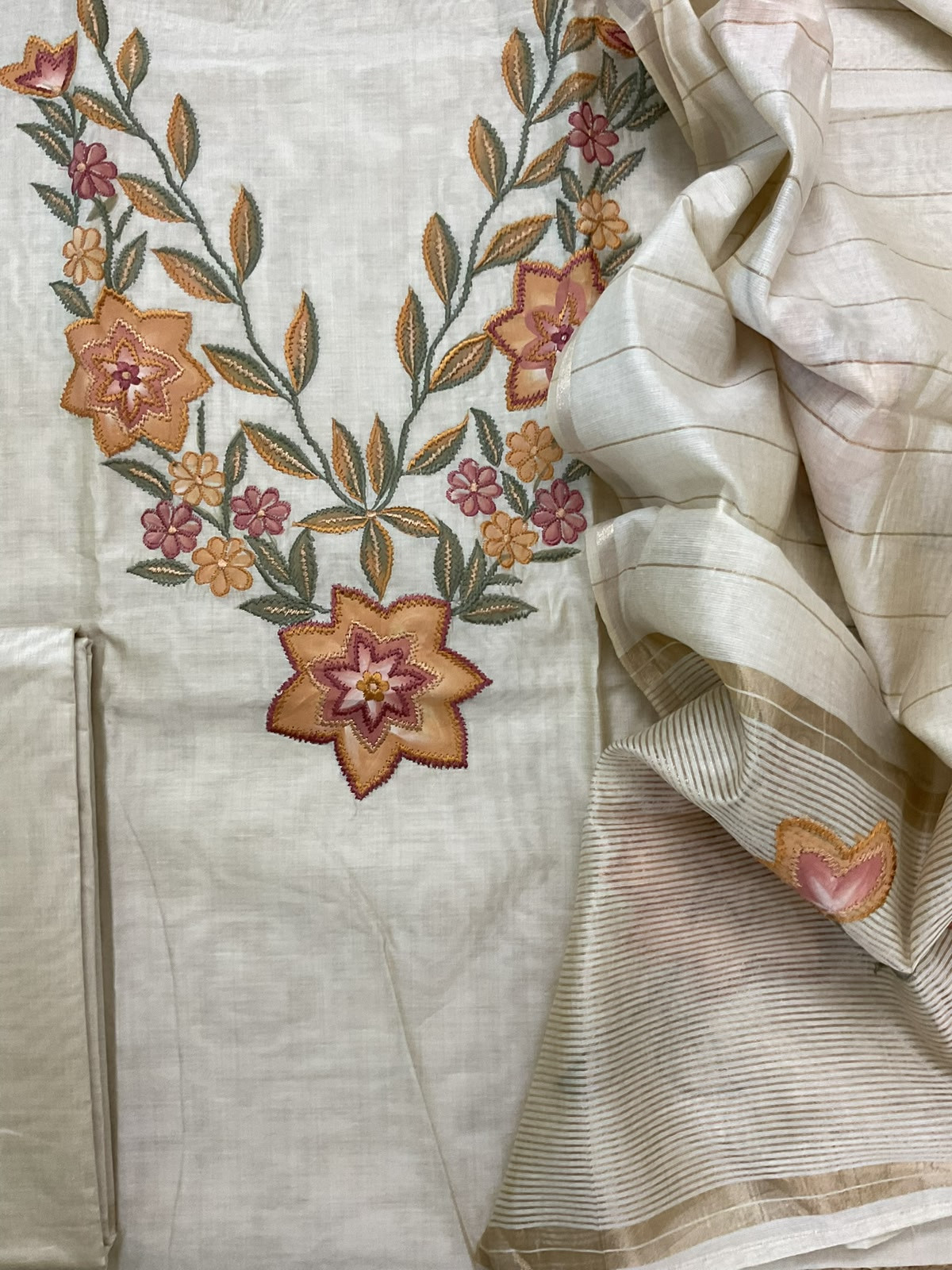Pure Kora Chanderi Brush Painted Embroidered Suit - Beige