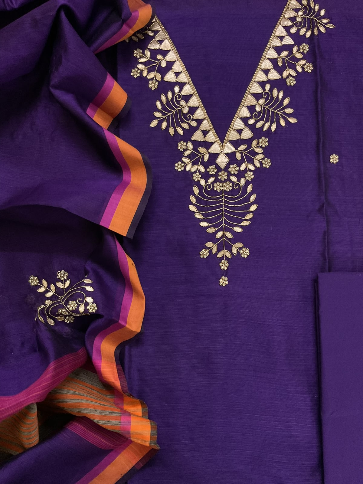 Pure Handwoven Maheshwari Embroidered Suit - Violet