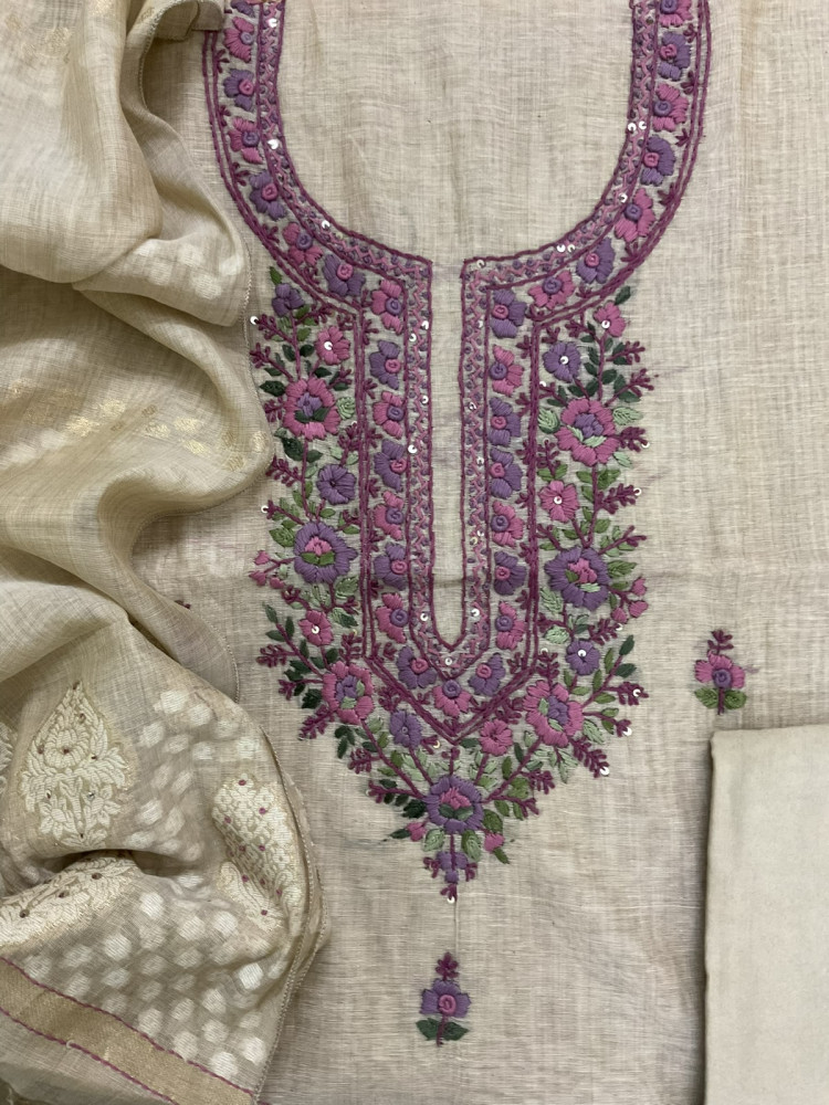 Image of Soft Fine Slub Chanderi Jamdani Weaved Embroidered Suit - Beige