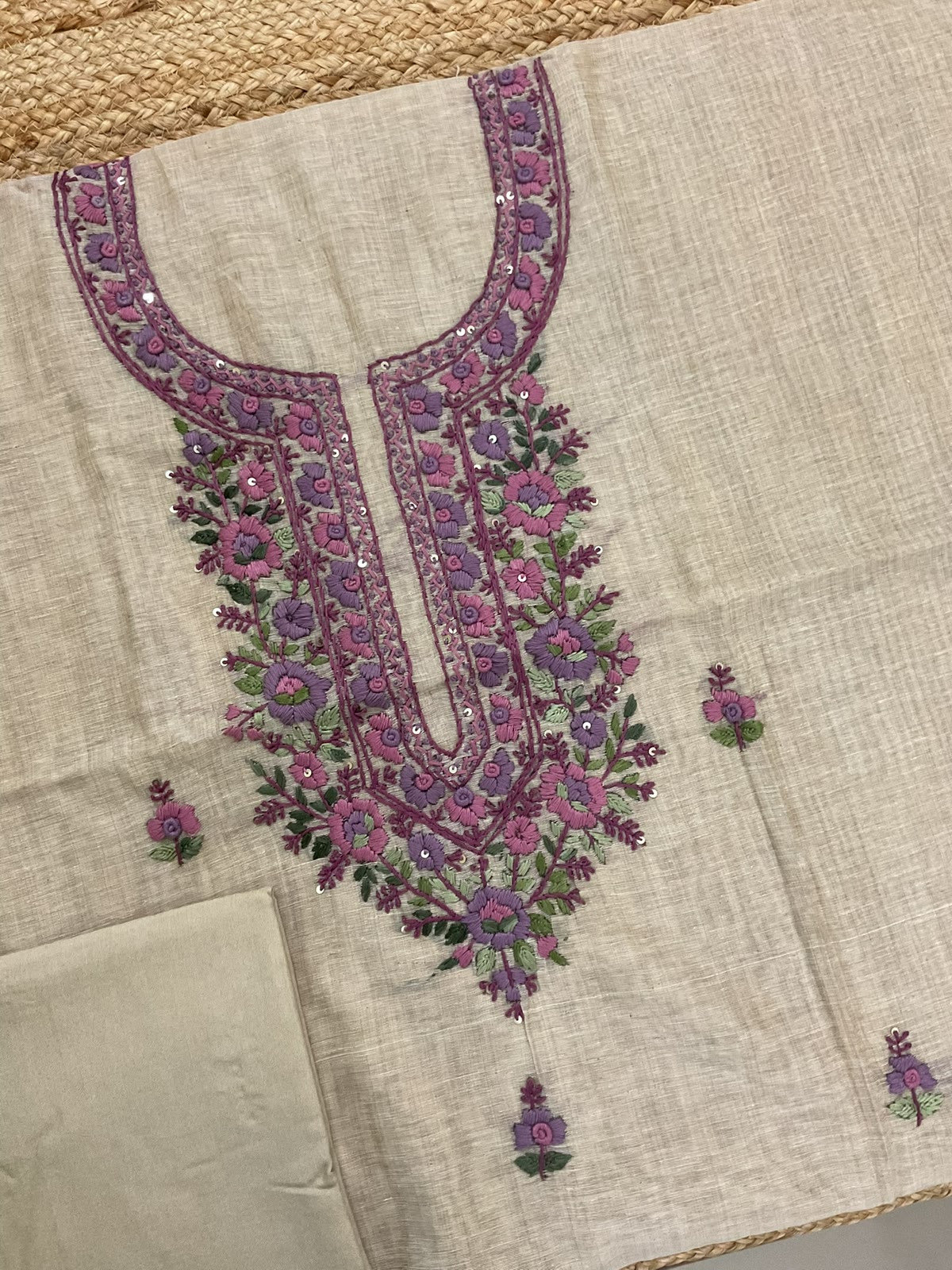 Soft Fine Slub Chanderi Jamdani Weaved Embroidered Suit - Beige