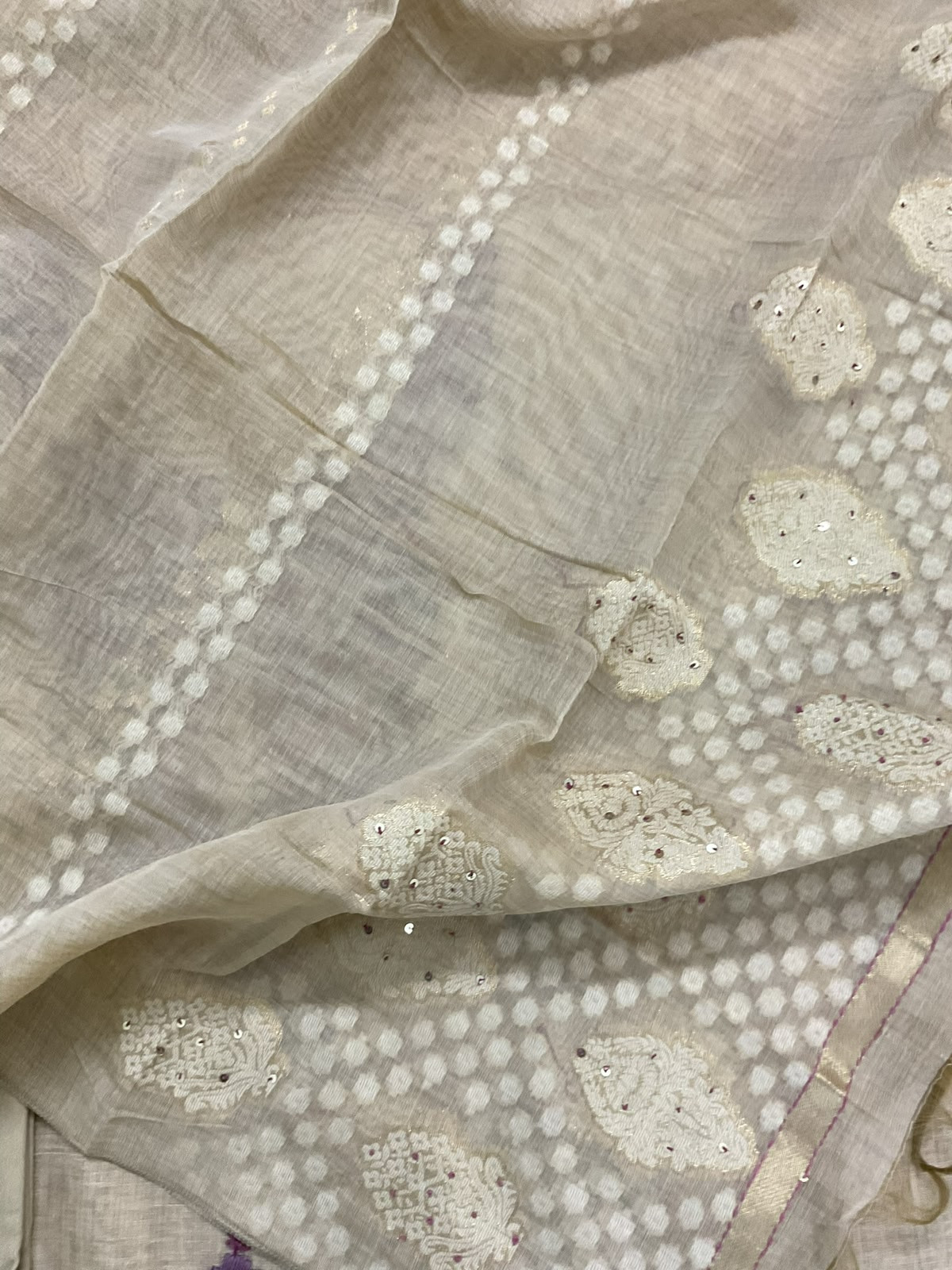 Soft Fine Slub Chanderi Jamdani Weaved Embroidered Suit - Beige