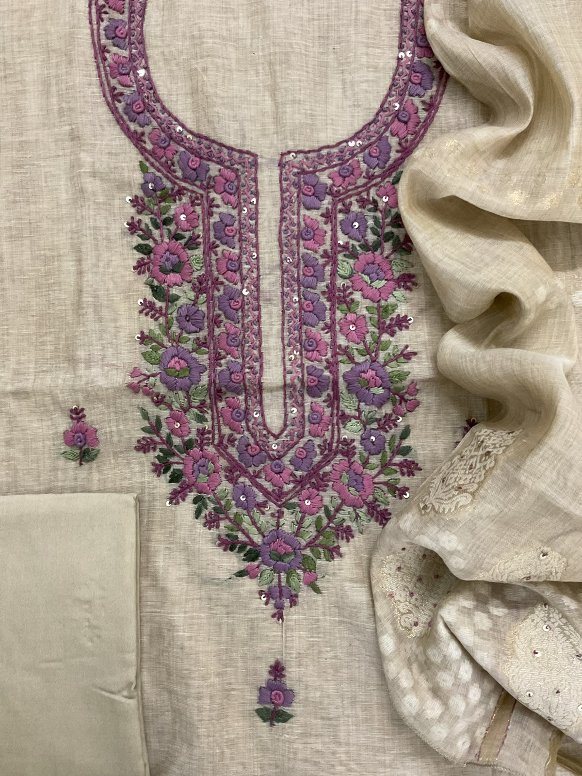 Soft Fine Slub Chanderi Jamdani Weaved Embroidered Suit - Beige