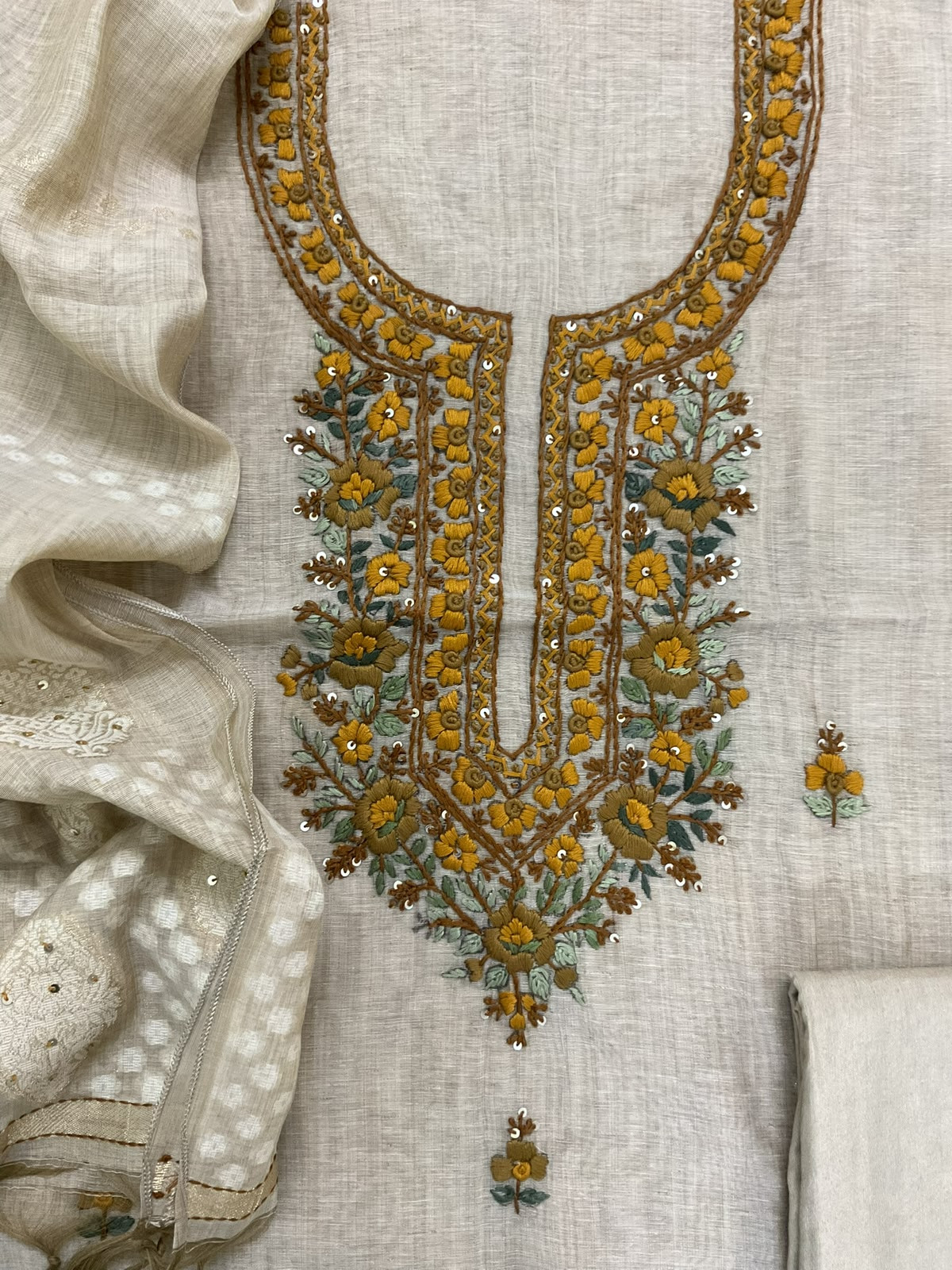Soft Fine Slub Chanderi Jamdani Weaved Embroidered Suit - Beige