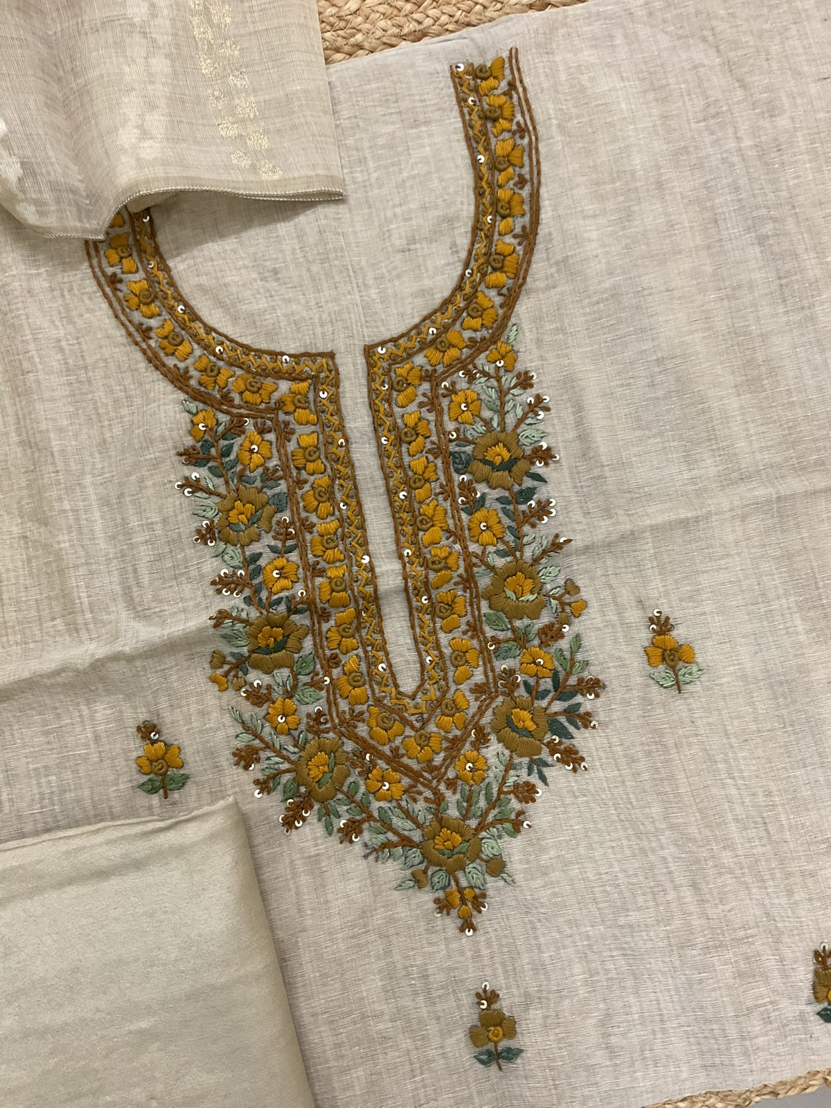 Soft Fine Slub Chanderi Jamdani Weaved Embroidered Suit - Beige
