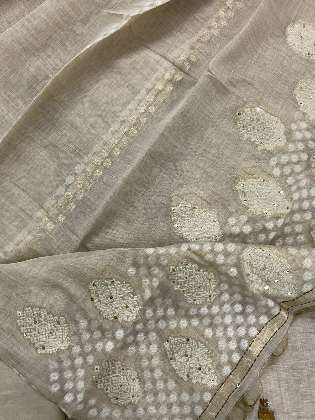 Soft Fine Slub Chanderi Jamdani Weaved Embroidered Suit - Beige