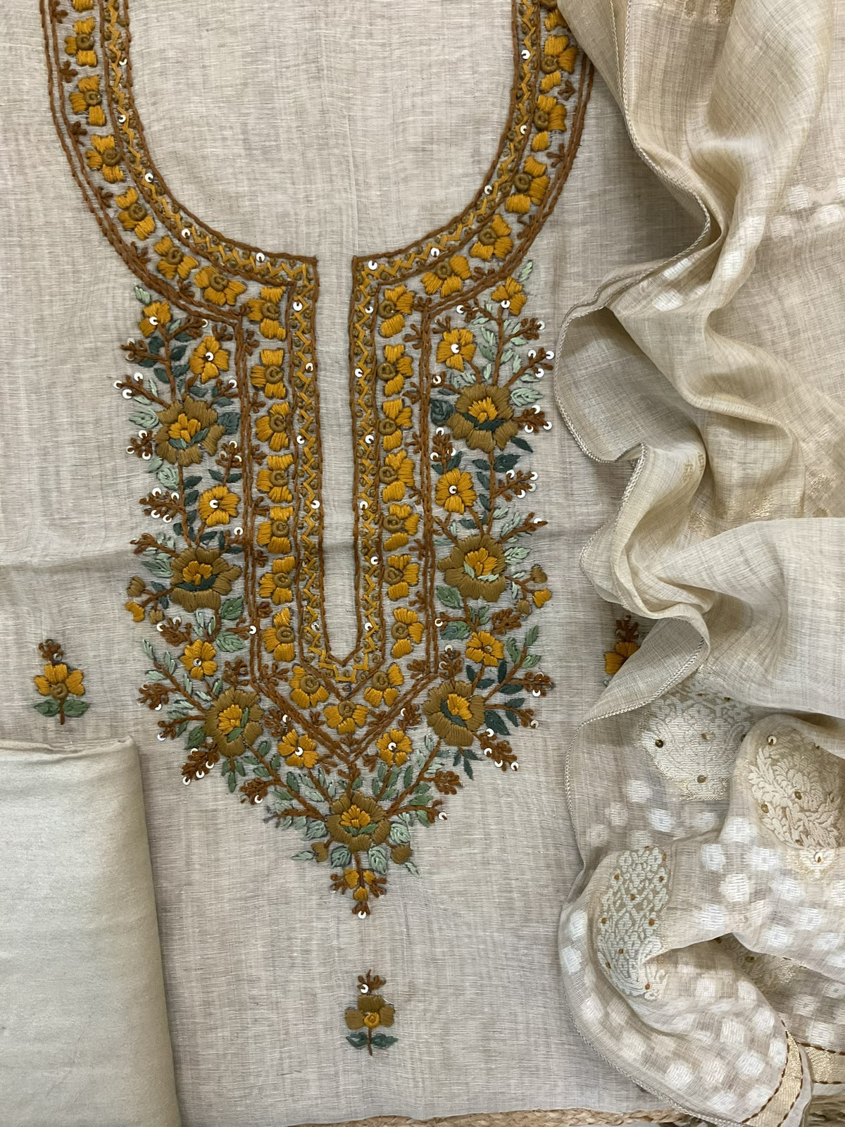 Soft Fine Slub Chanderi Jamdani Weaved Embroidered Suit - Beige