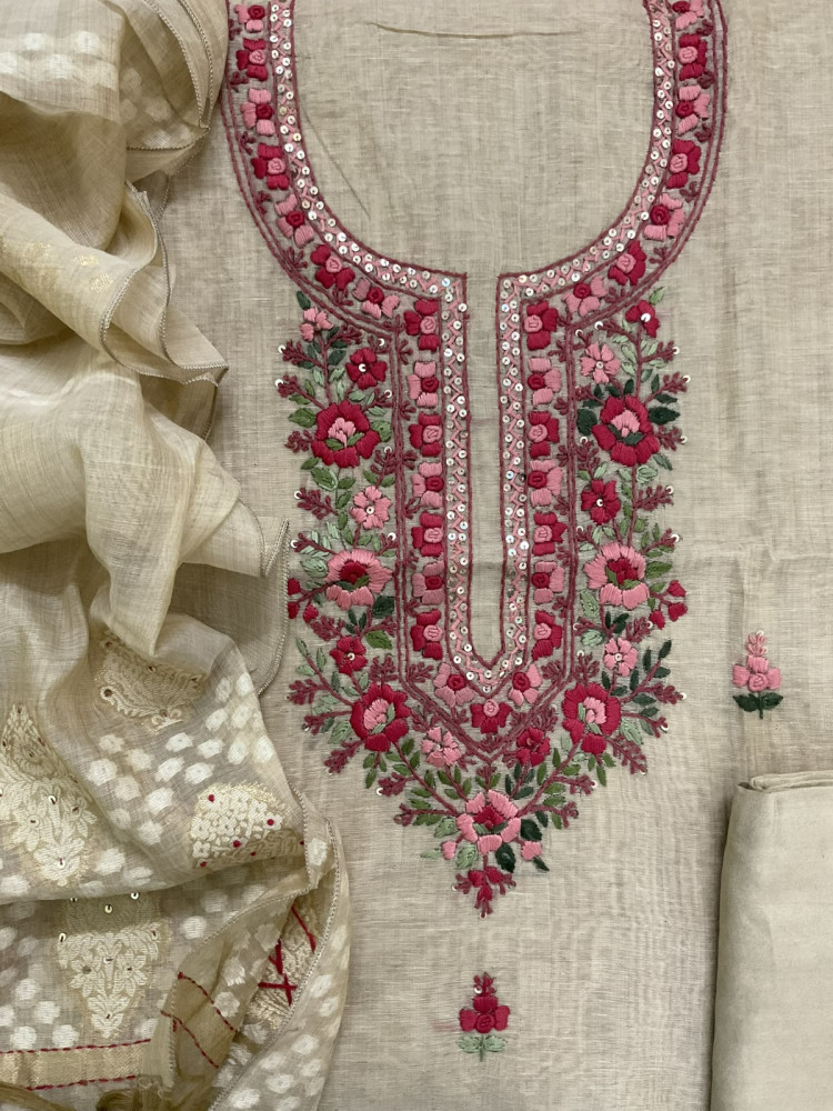 Image of Soft Fine Slub Chanderi Jamdani Weaved Embroidered Suit - Beige