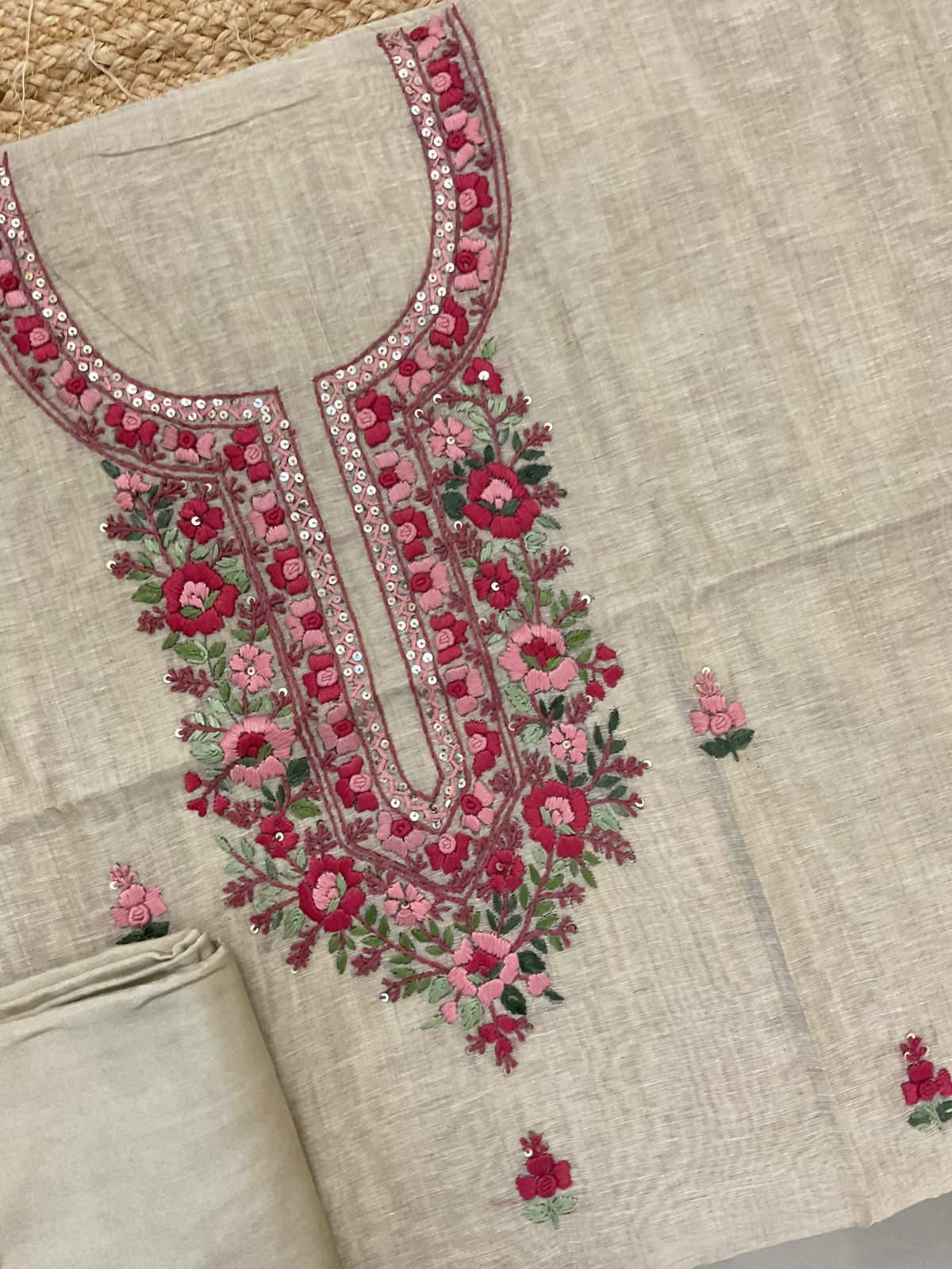 Soft Fine Slub Chanderi Jamdani Weaved Embroidered Suit - Beige