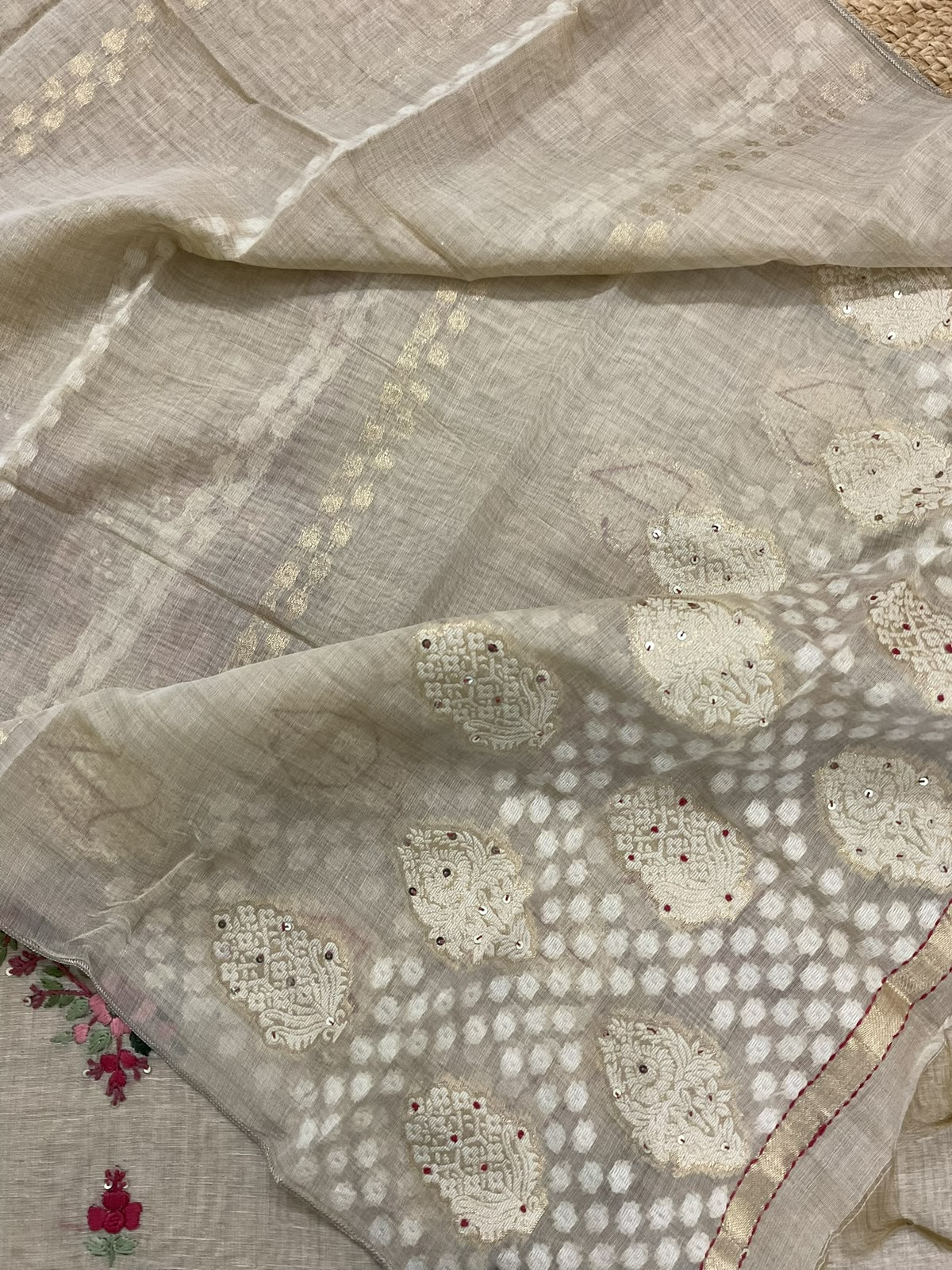 Soft Fine Slub Chanderi Jamdani Weaved Embroidered Suit - Beige