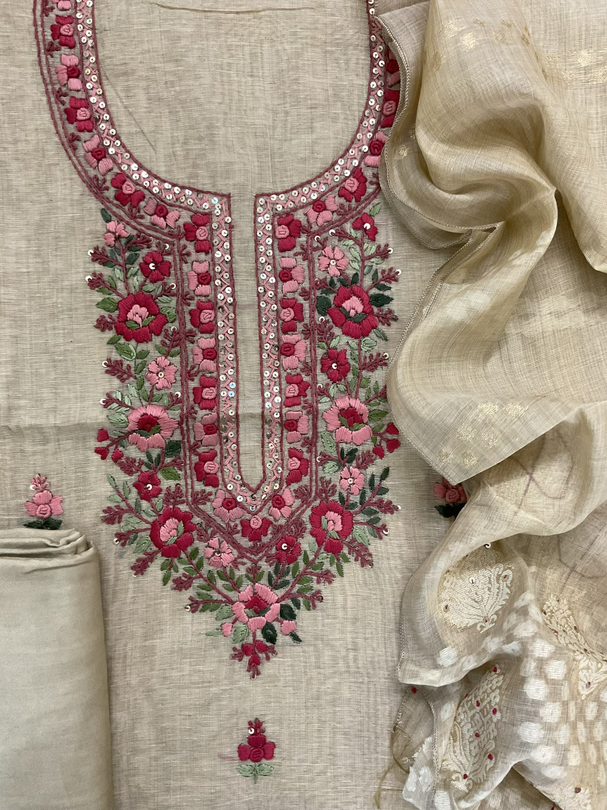Soft Fine Slub Chanderi Jamdani Weaved Embroidered Suit - Beige
