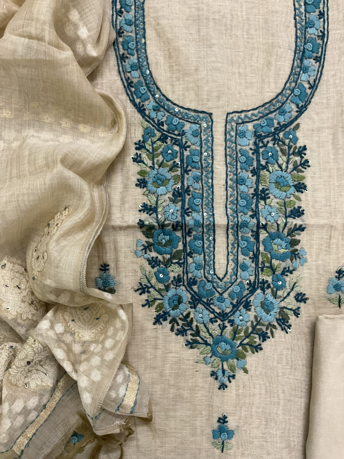 Soft Fine Slub Chanderi Jamdani Weaved Embroidered Suit - Beige