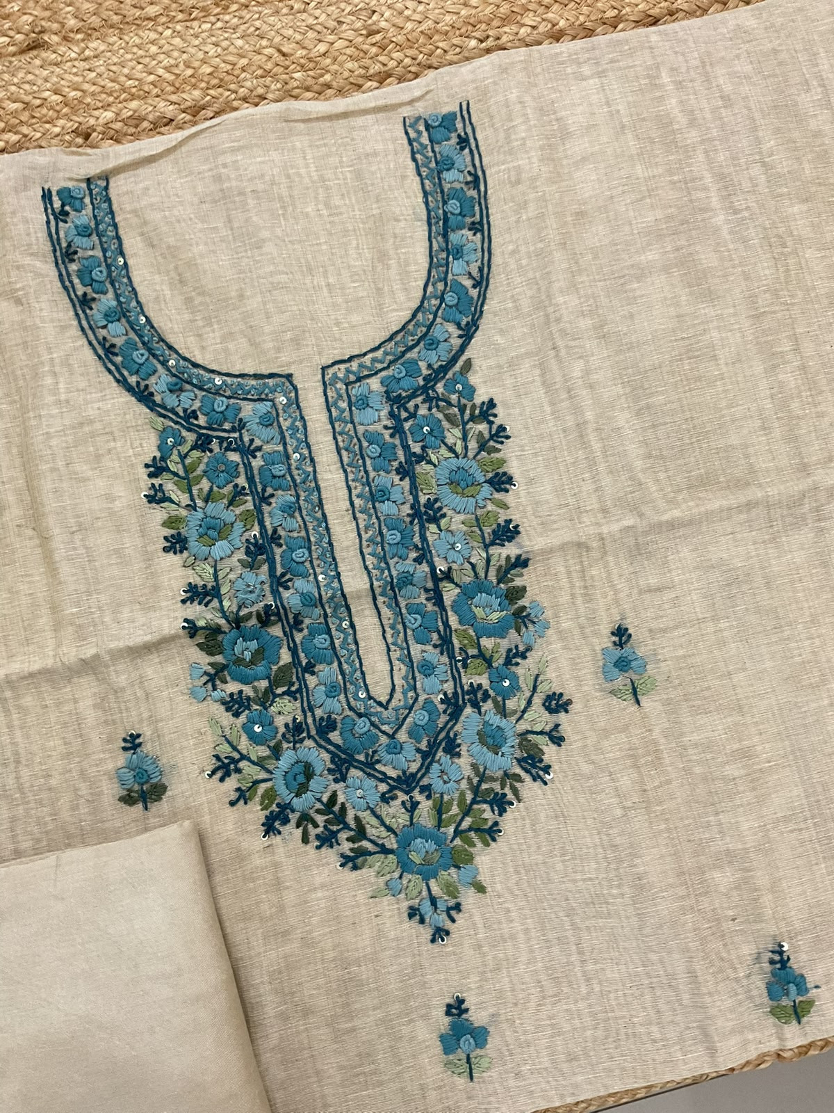 Soft Fine Slub Chanderi Jamdani Weaved Embroidered Suit - Beige