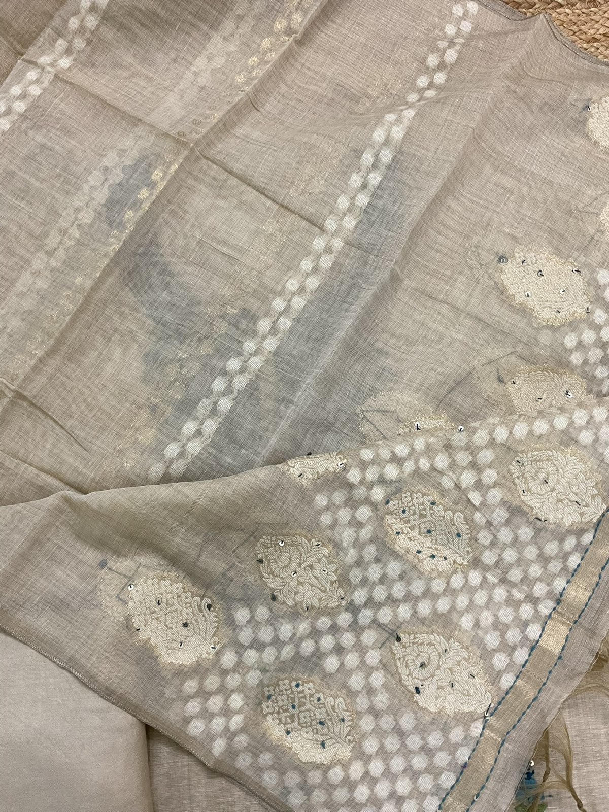 Soft Fine Slub Chanderi Jamdani Weaved Embroidered Suit - Beige