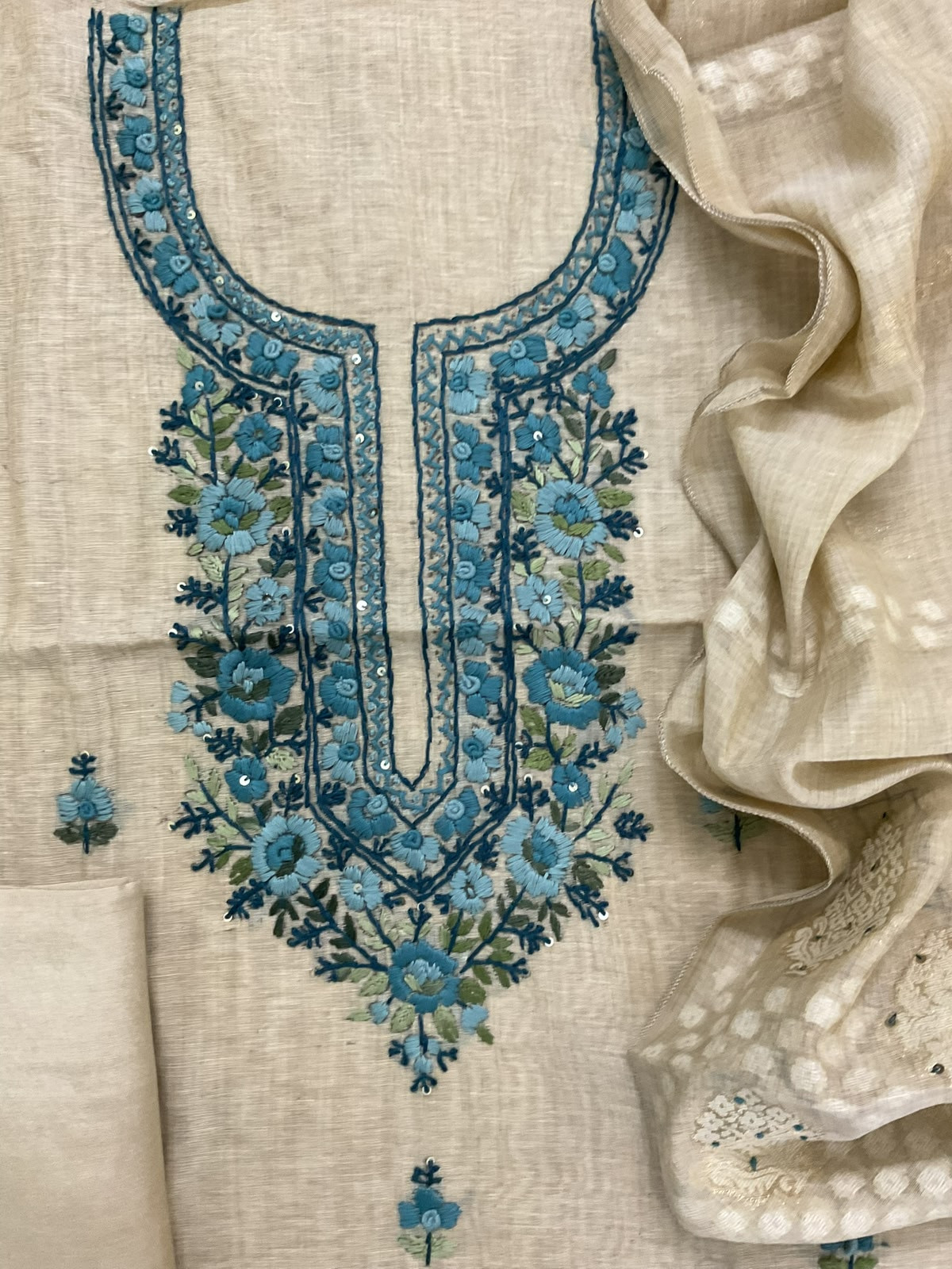Soft Fine Slub Chanderi Jamdani Weaved Embroidered Suit - Beige