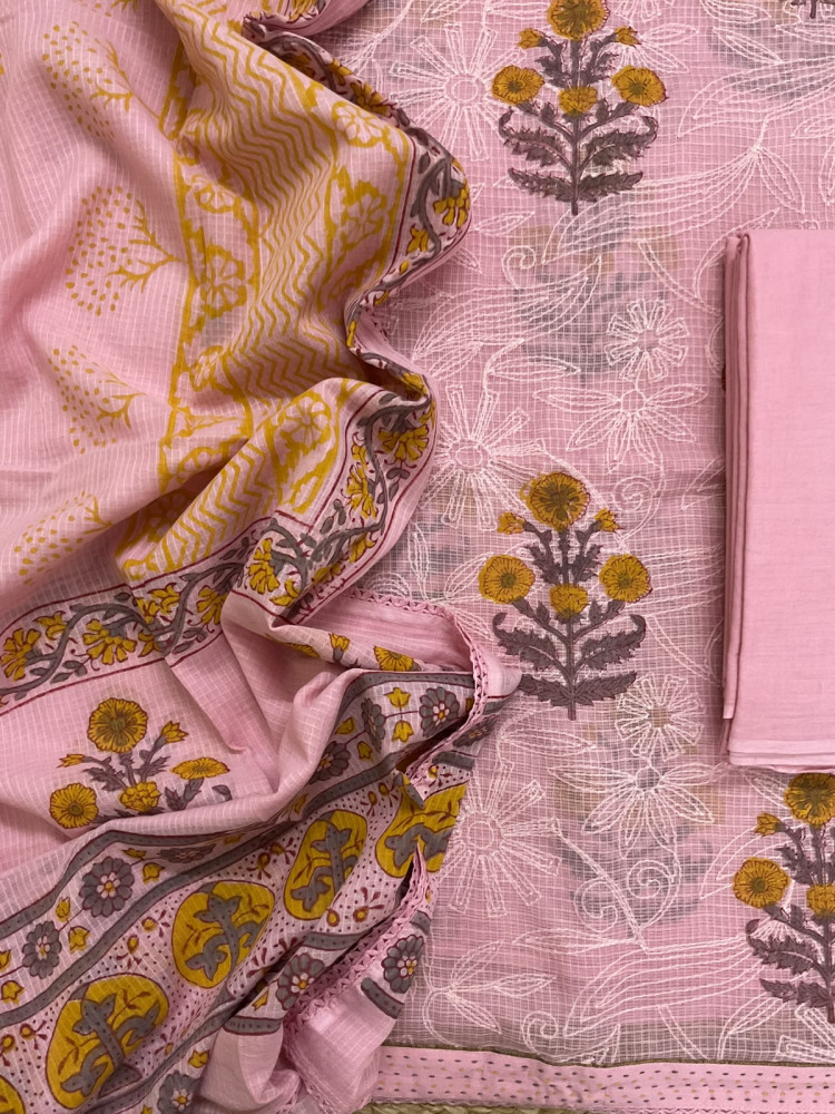 Image of Pure Fine Kota Cotton Printed Tepchi Work Suit - Pink