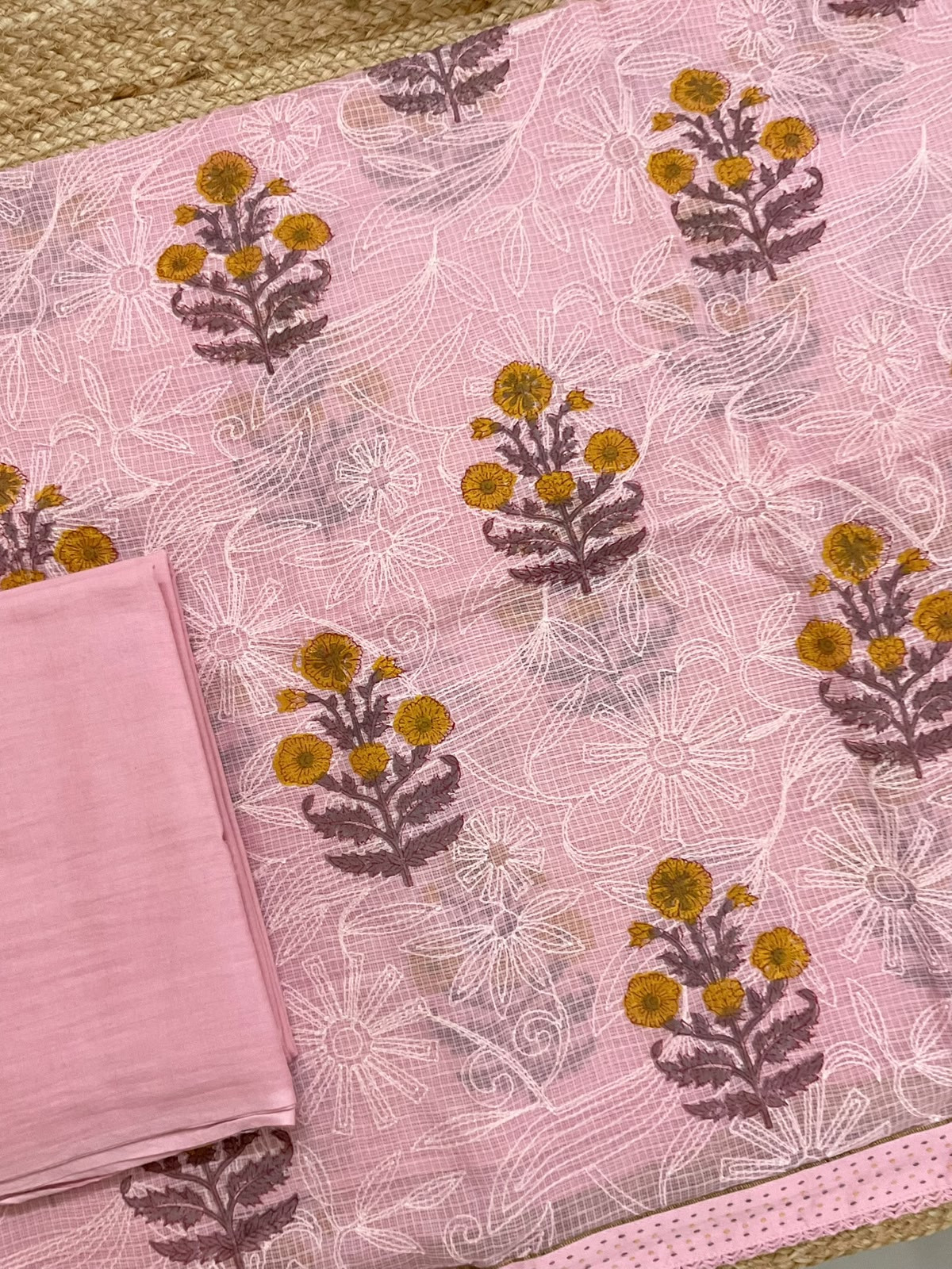 Pure Fine Kota Cotton Printed Tepchi Work Suit - Pink