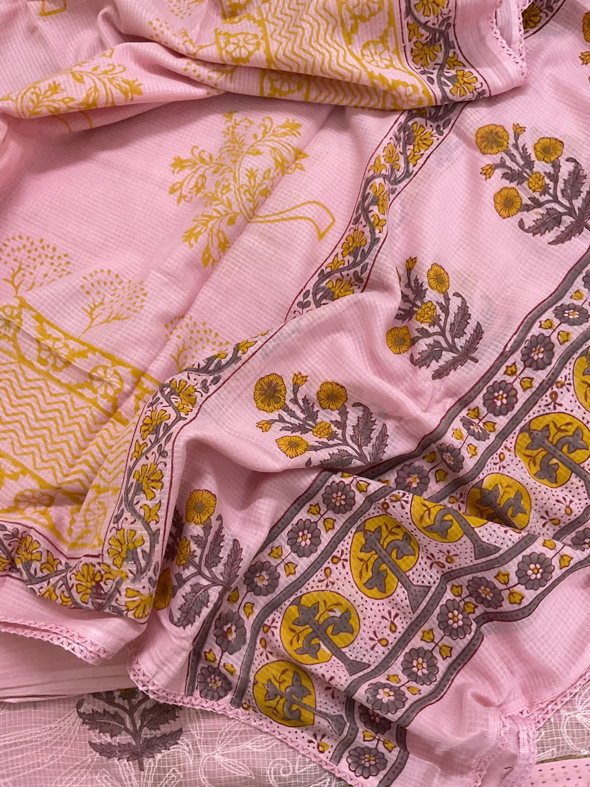 Pure Fine Kota Cotton Printed Tepchi Work Suit - Pink