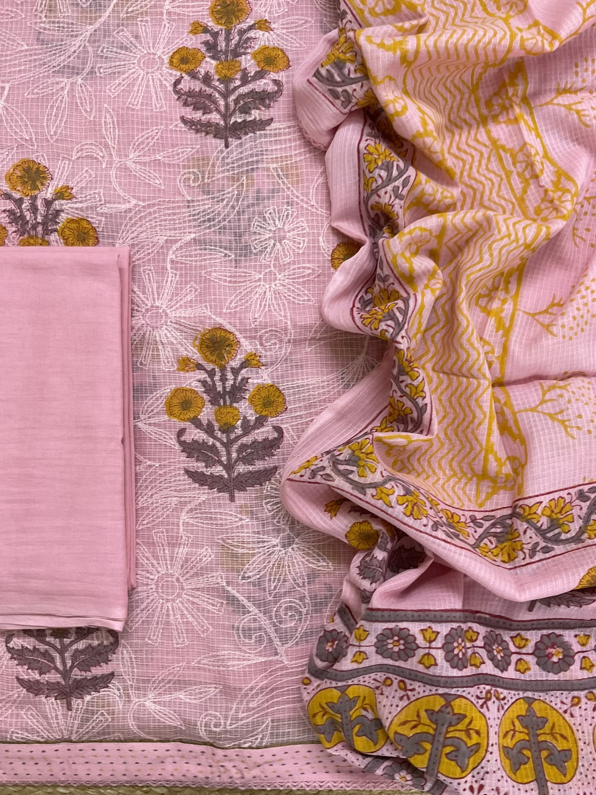 Pure Fine Kota Cotton Printed Tepchi Work Suit - Pink
