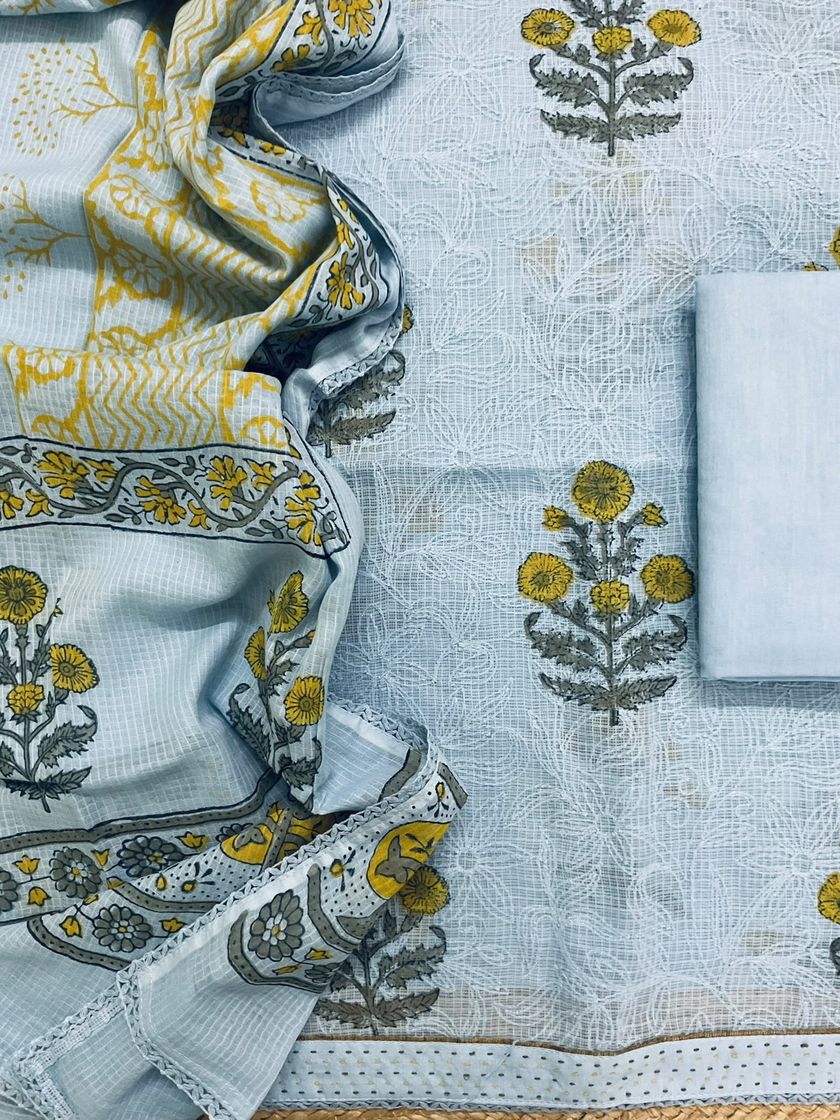 Pure Fine Kota Cotton Printed Tepchi Work Suit - Blue