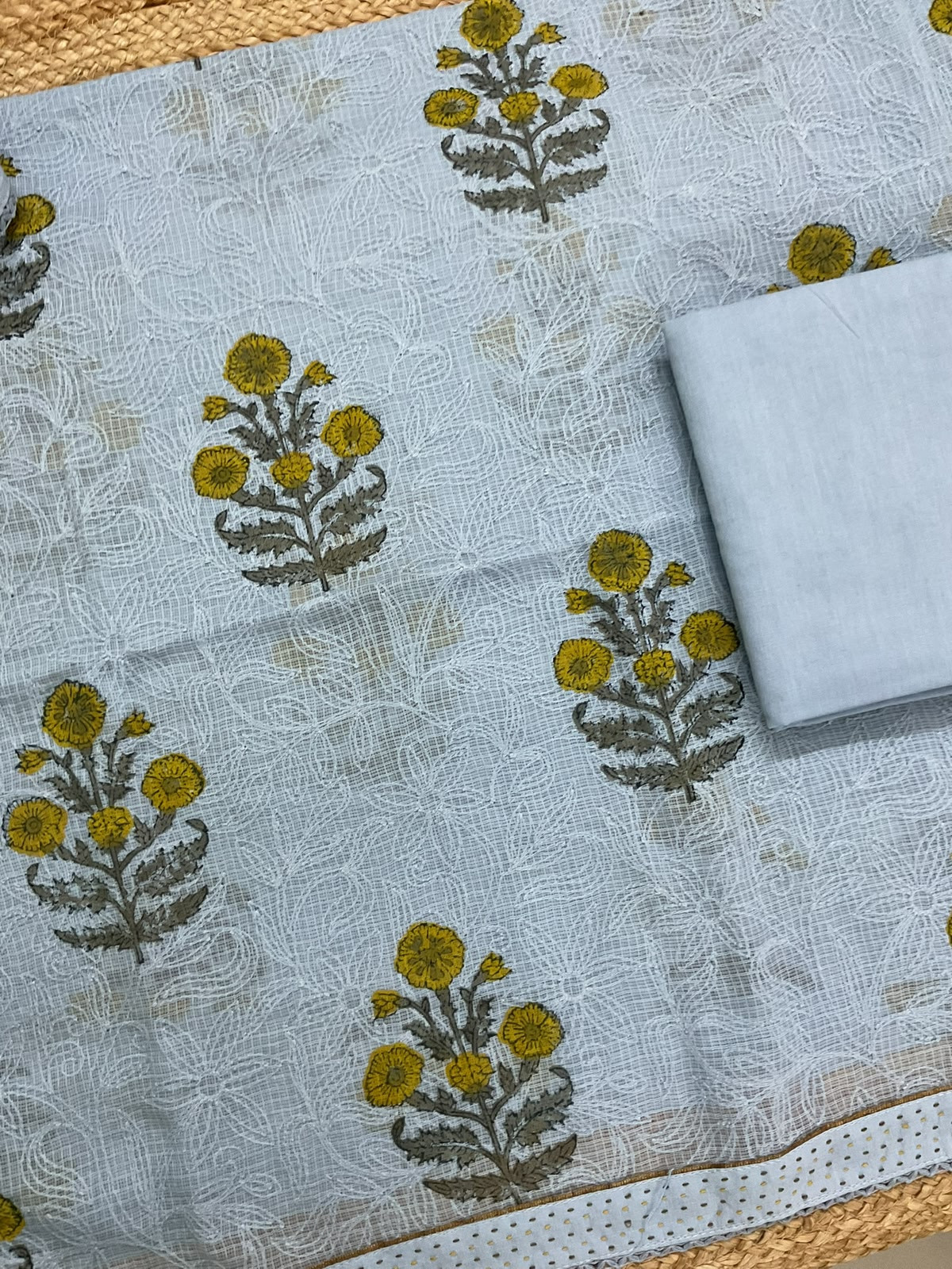 Pure Fine Kota Cotton Printed Tepchi Work Suit - Blue