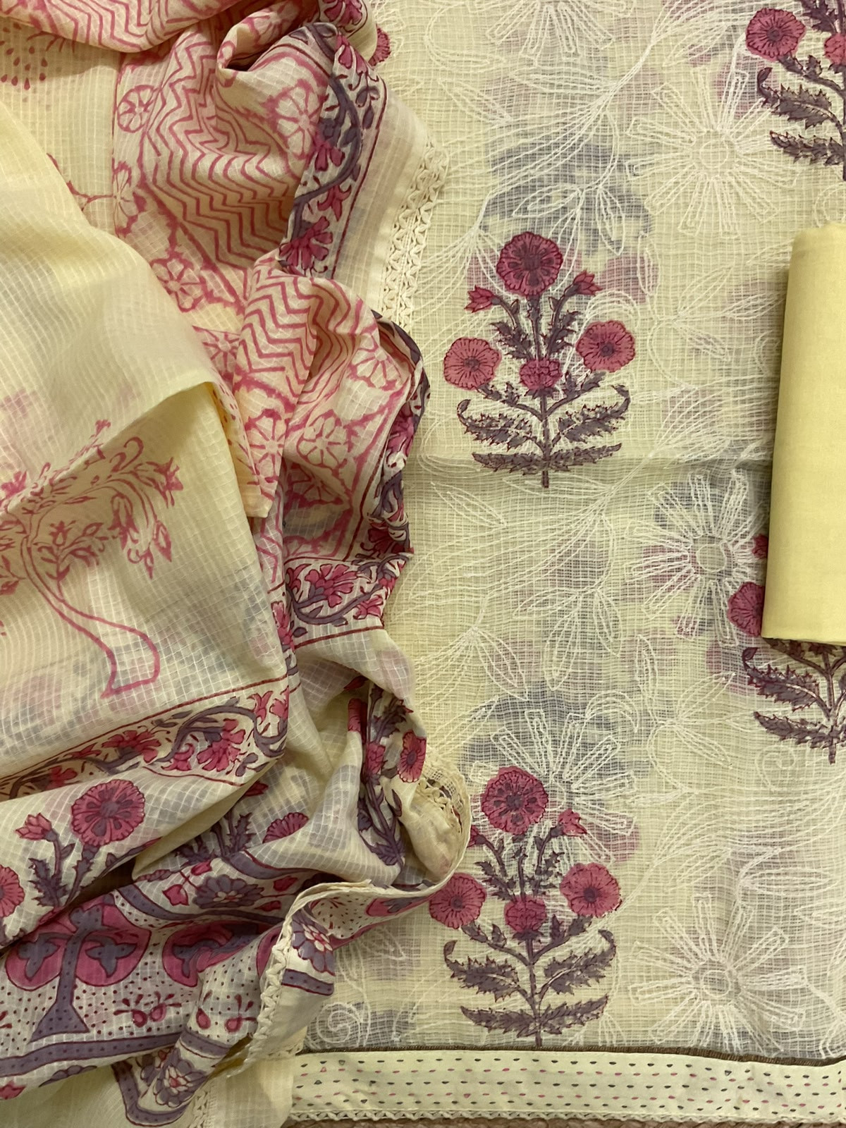 Pure Fine Kota Cotton Printed Tepchi Work Suit - Yellow
