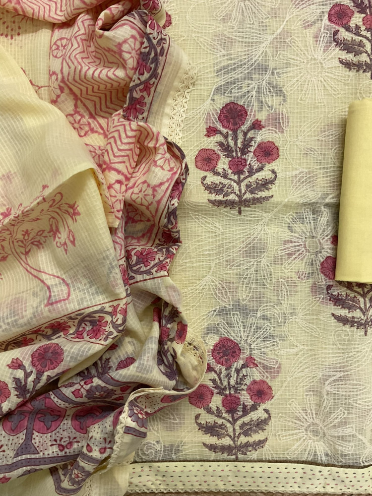 Image of Pure Fine Kota Cotton Printed Tepchi Work Suit - Yellow