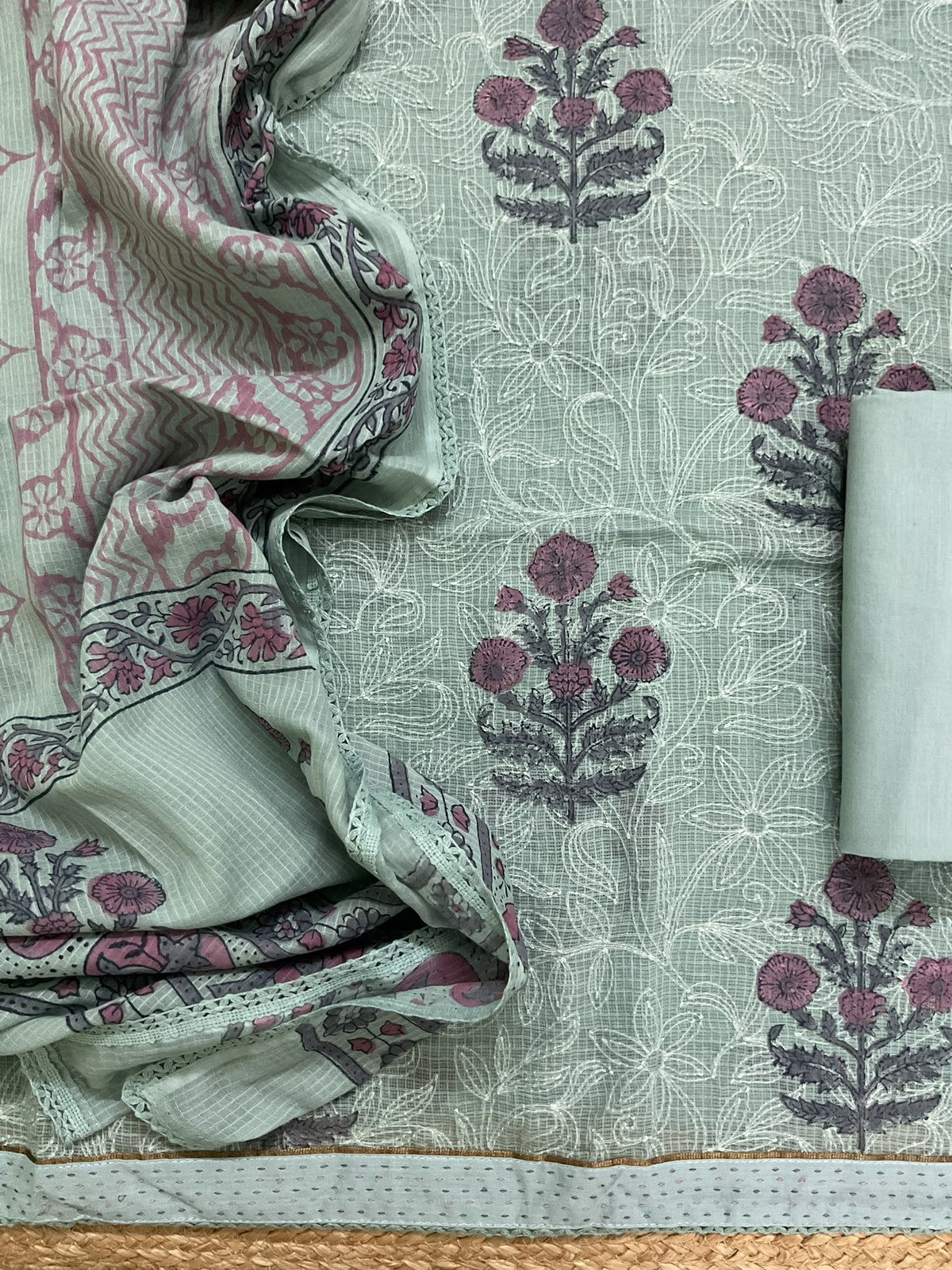 Pure Fine Kota Cotton Printed Tepchi Work Suit - Green