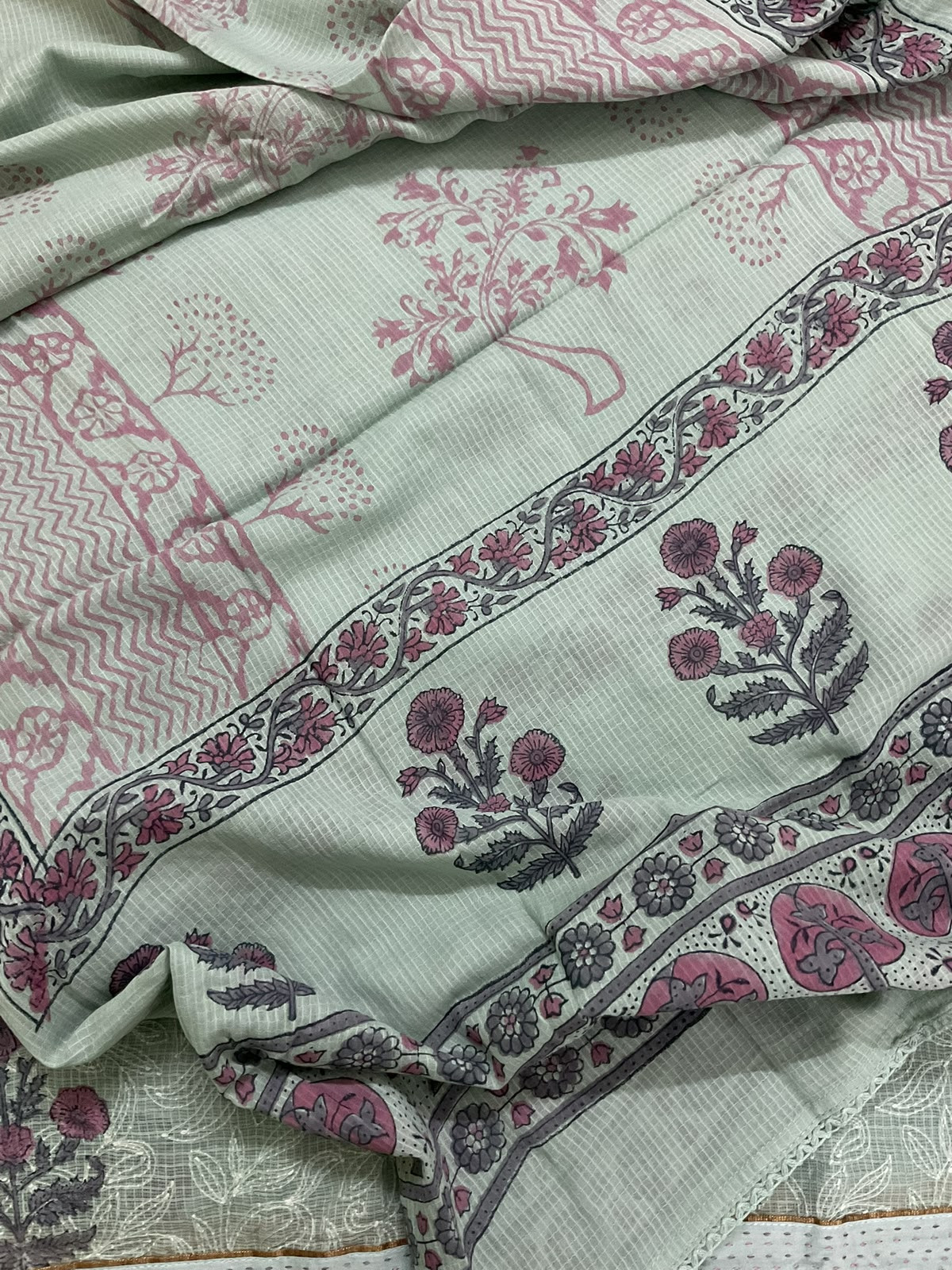 Pure Fine Kota Cotton Printed Tepchi Work Suit - Green