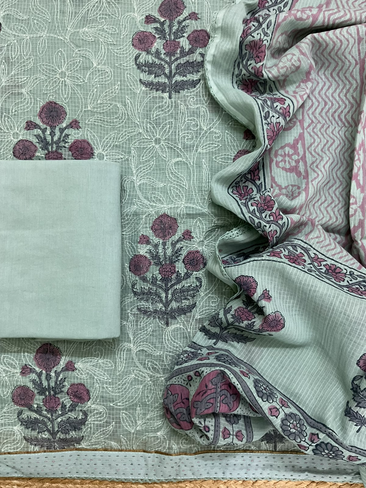 Pure Fine Kota Cotton Printed Tepchi Work Suit - Green