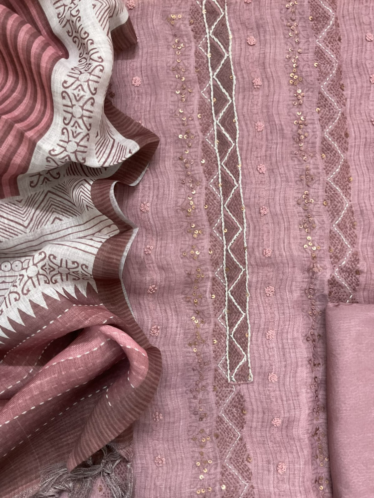 Image of Pure Linen Jute Cotton Printed Embroidered Suit - Pink