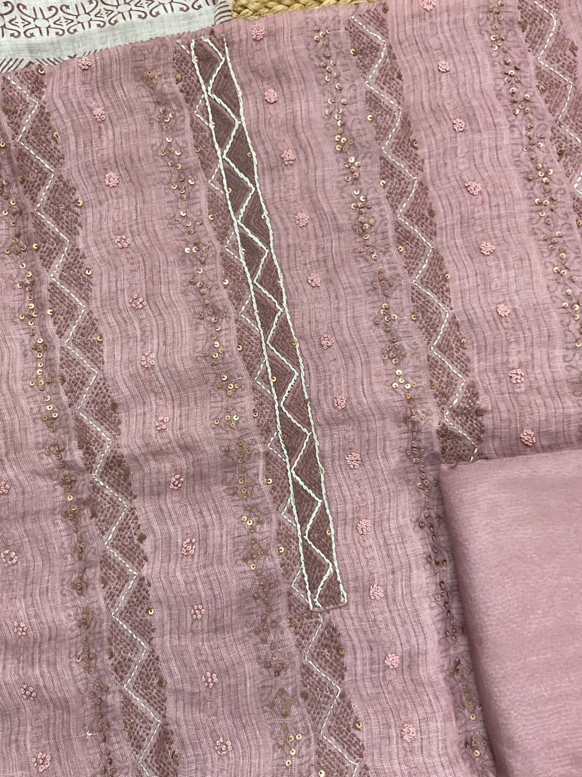 Pure Linen Jute Cotton Printed Embroidered Suit - Pink