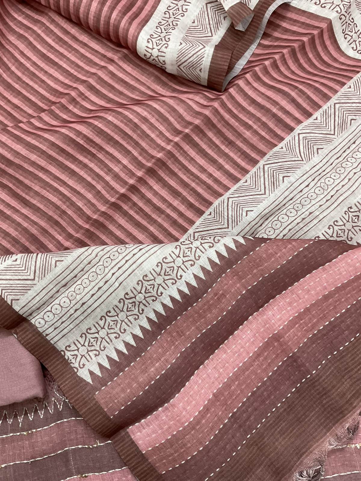 Pure Linen Jute Cotton Printed Embroidered Suit - Pink
